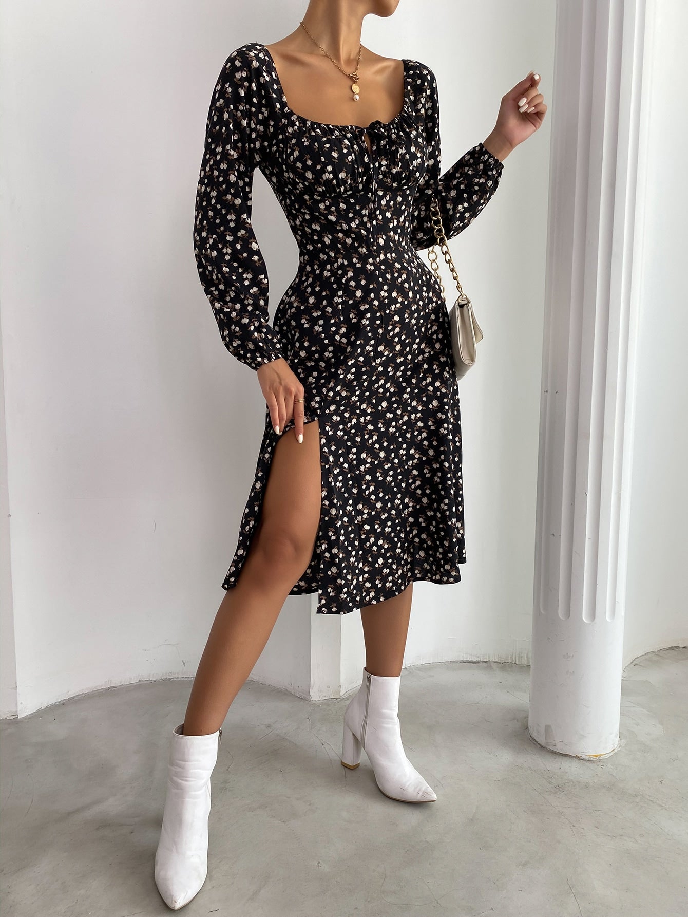 Frenchy Ditsy Floral Knot Front Split Hem Dress