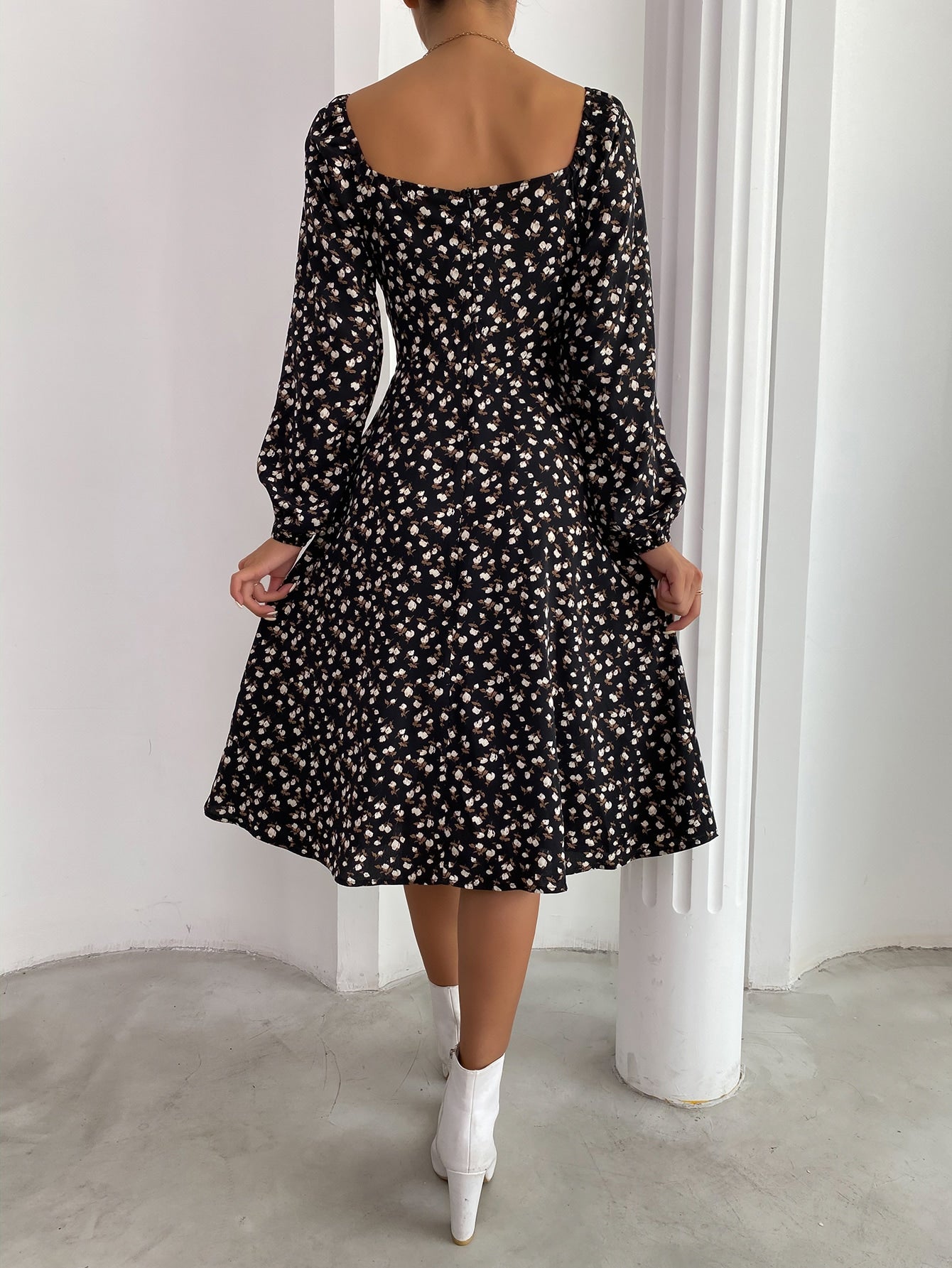 Frenchy Ditsy Floral Knot Front Split Hem Dress