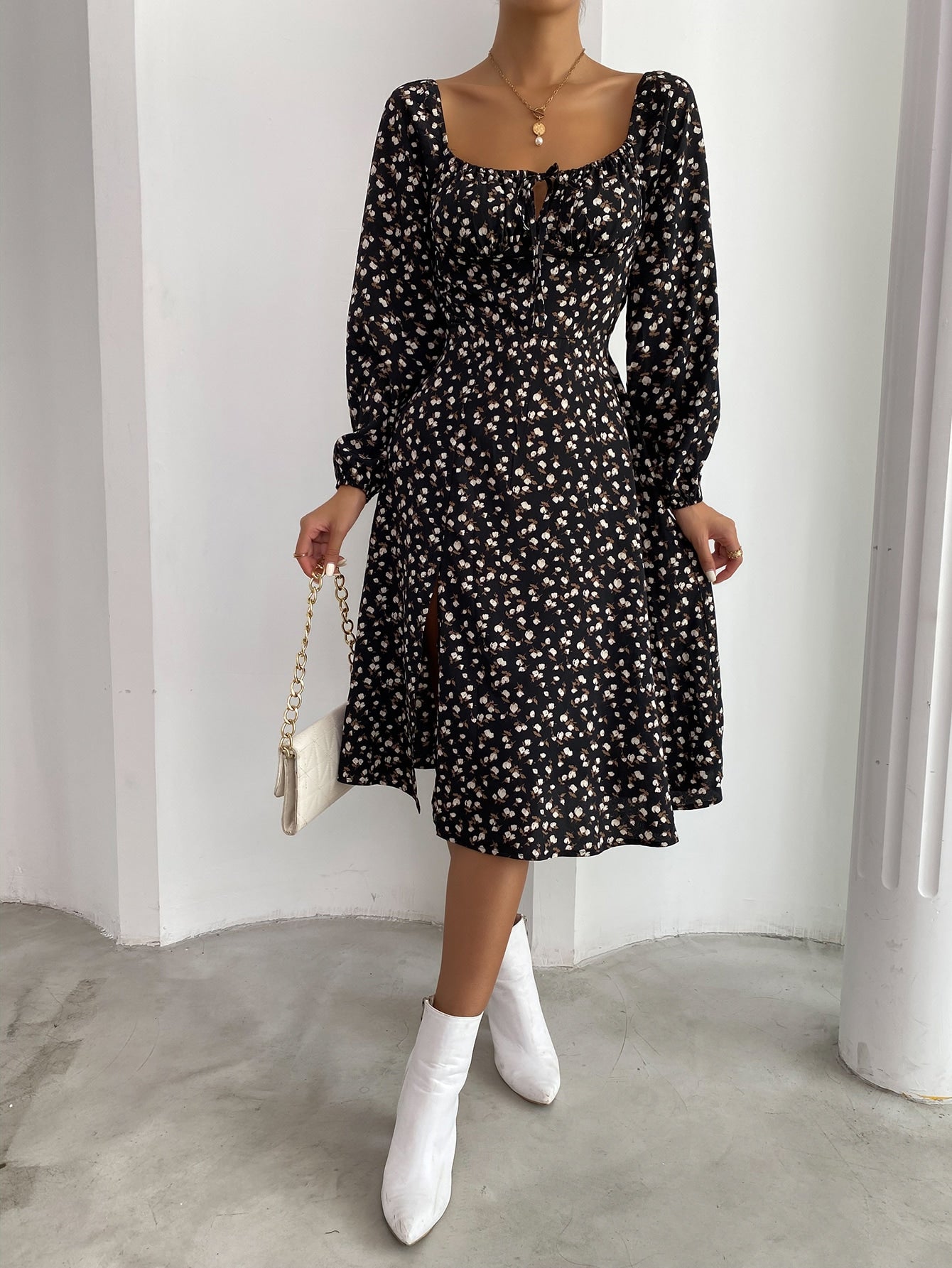 Frenchy Ditsy Floral Knot Front Split Hem Dress