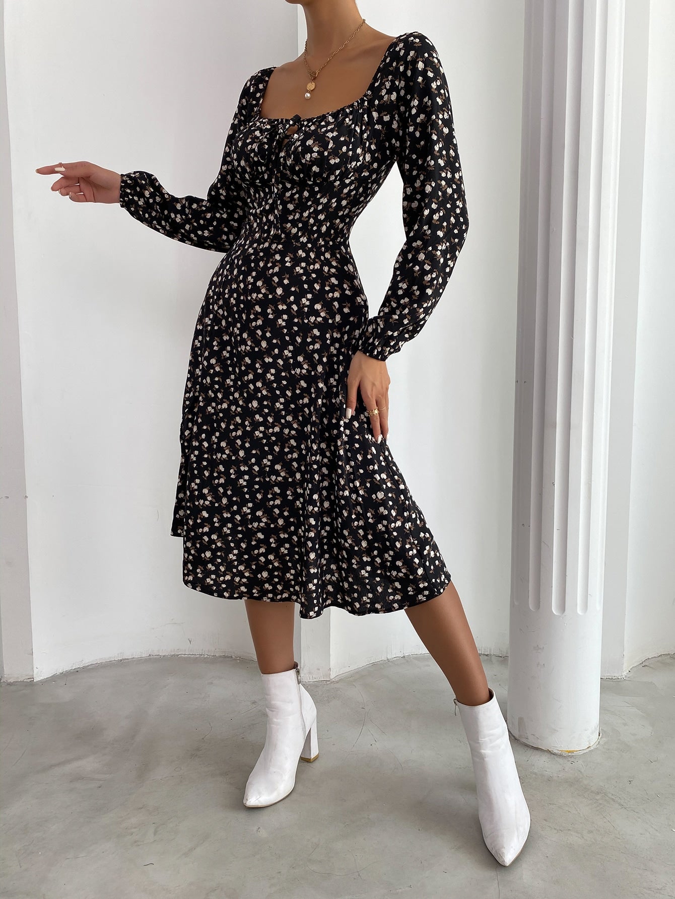 Frenchy Ditsy Floral Knot Front Split Hem Dress