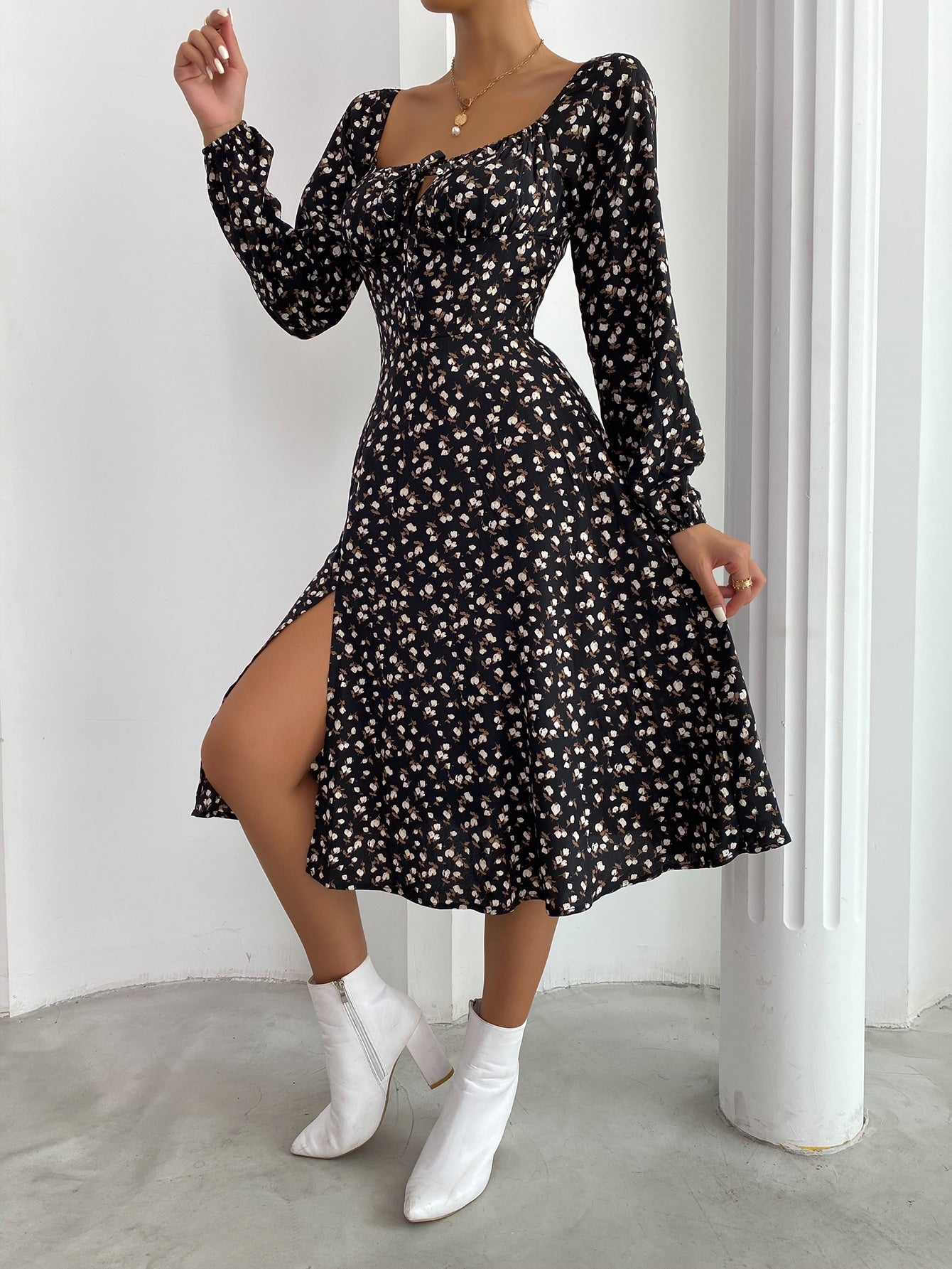Frenchy Ditsy Floral Knot Front Split Hem Dress