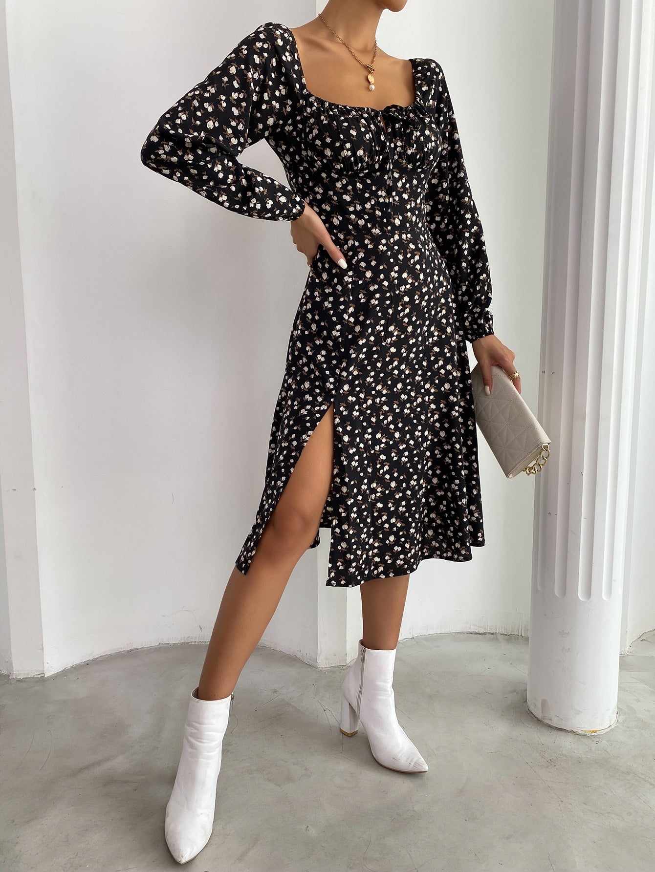 Frenchy Ditsy Floral Knot Front Split Hem Dress