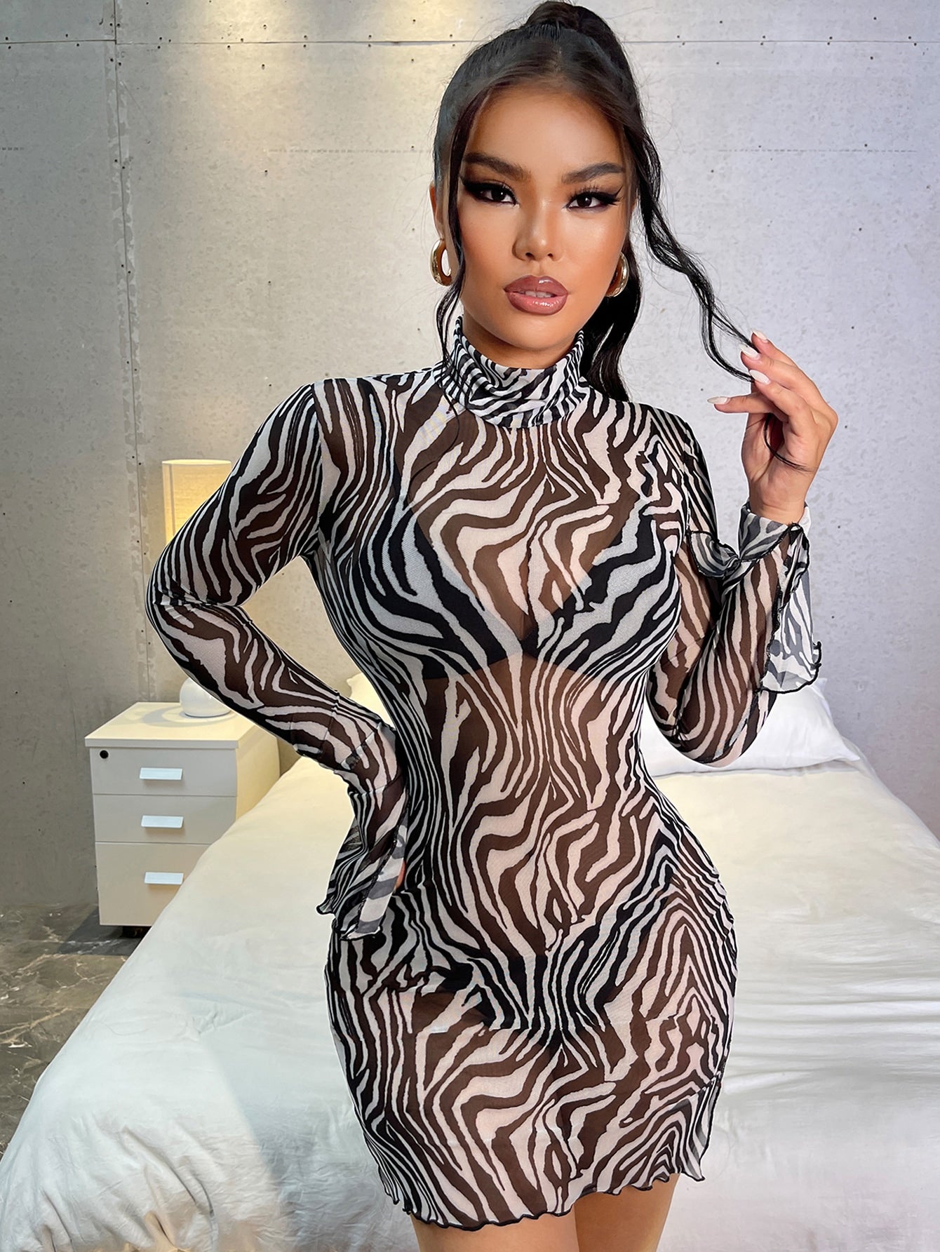 SXY Zebra Striped See Through Split Hem Mesh Bodycon Dress Without Lingerie