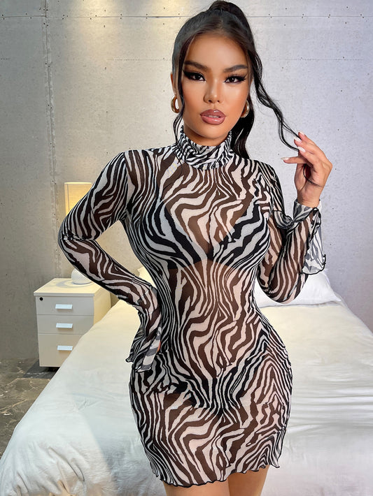 SXY Zebra Striped See Through Split Hem Mesh Bodycon Dress Without Lingerie