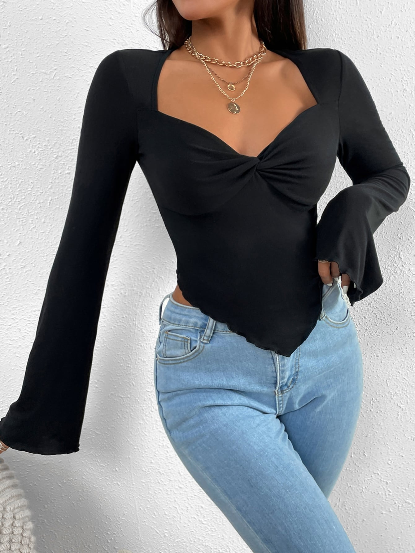 BAE Trumpet Sleeve Lettuce Trim Twist Hanky Hem Crop Tee