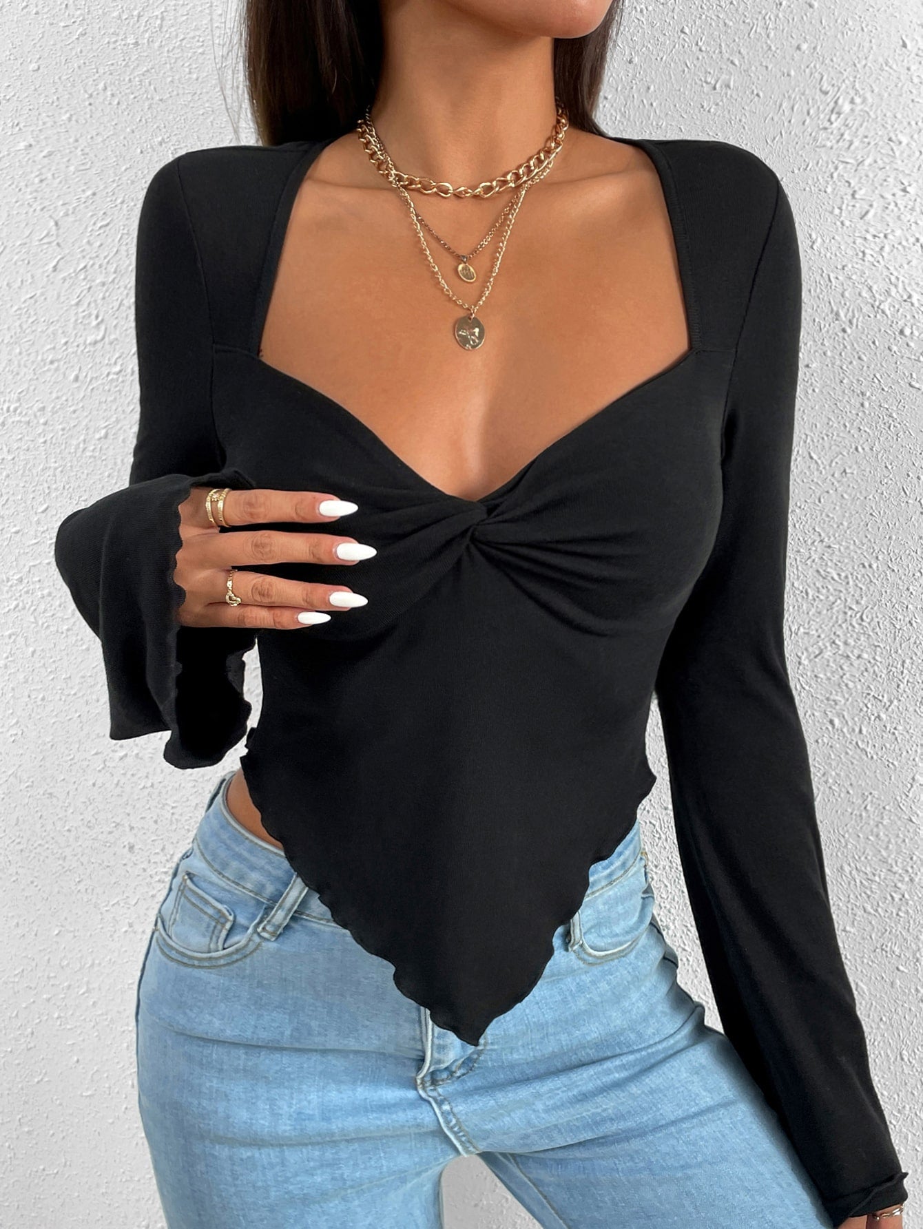 BAE Trumpet Sleeve Lettuce Trim Twist Hanky Hem Crop Tee