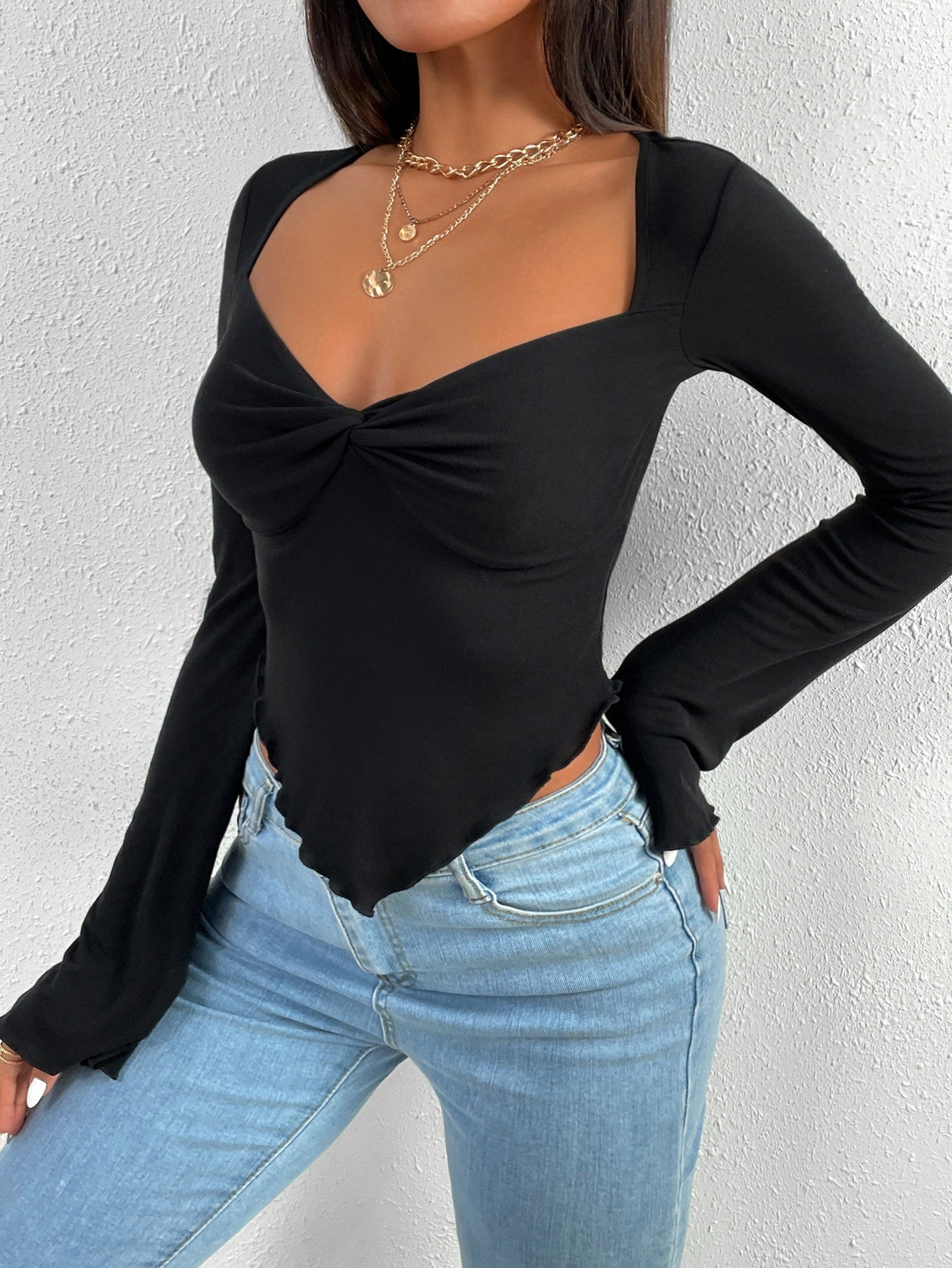 BAE Trumpet Sleeve Lettuce Trim Twist Hanky Hem Crop Tee