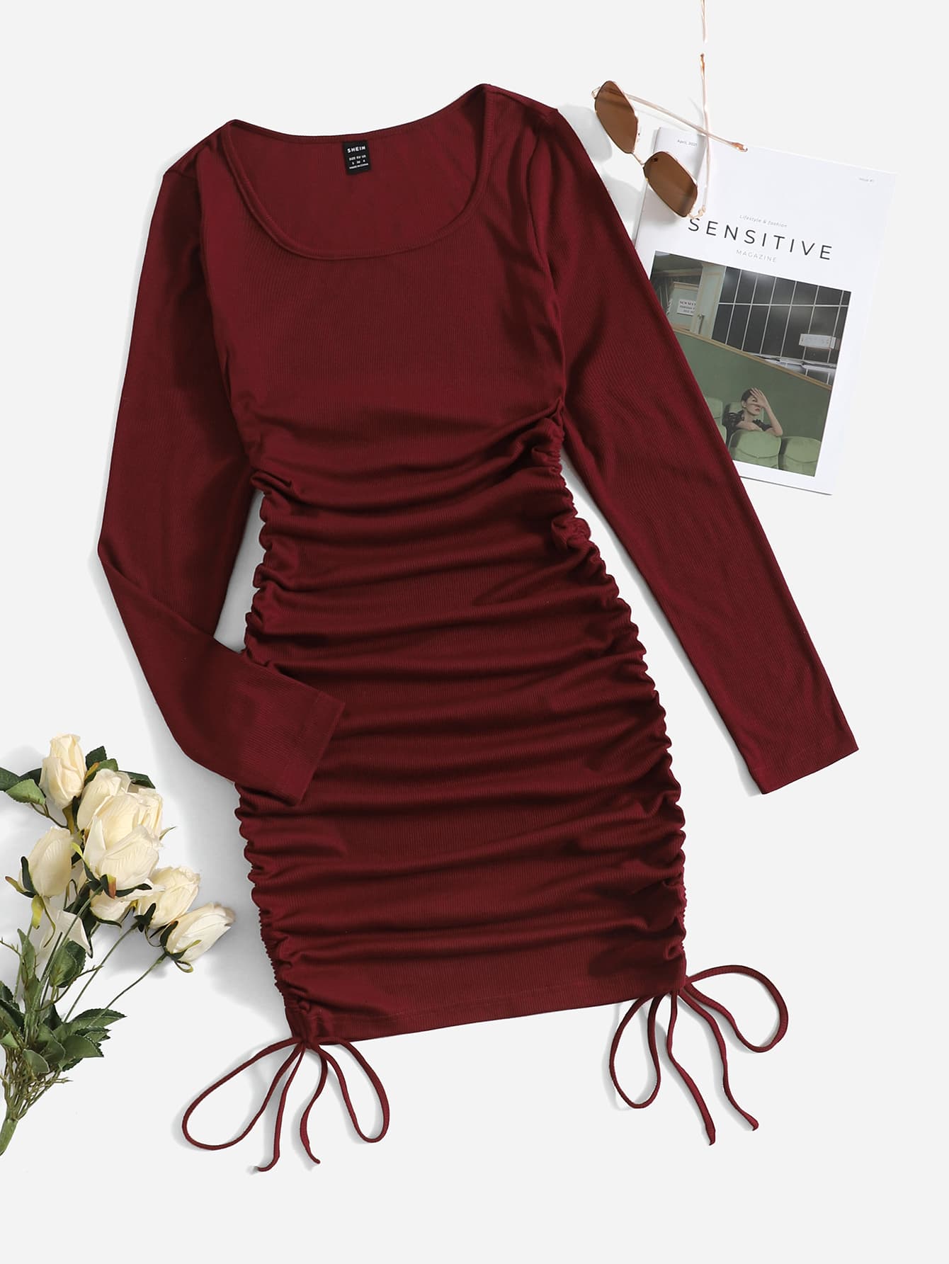 EZwear Scoop Neck Drawstring Side Bodycon Dress