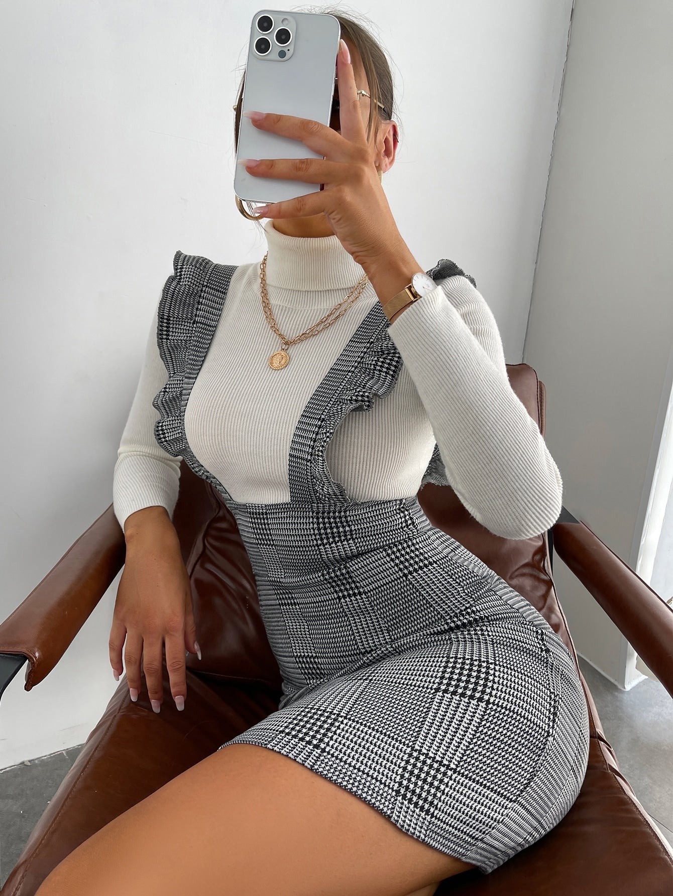 Privé Plaid Ruffle Trim Overall Dress Without Sweater