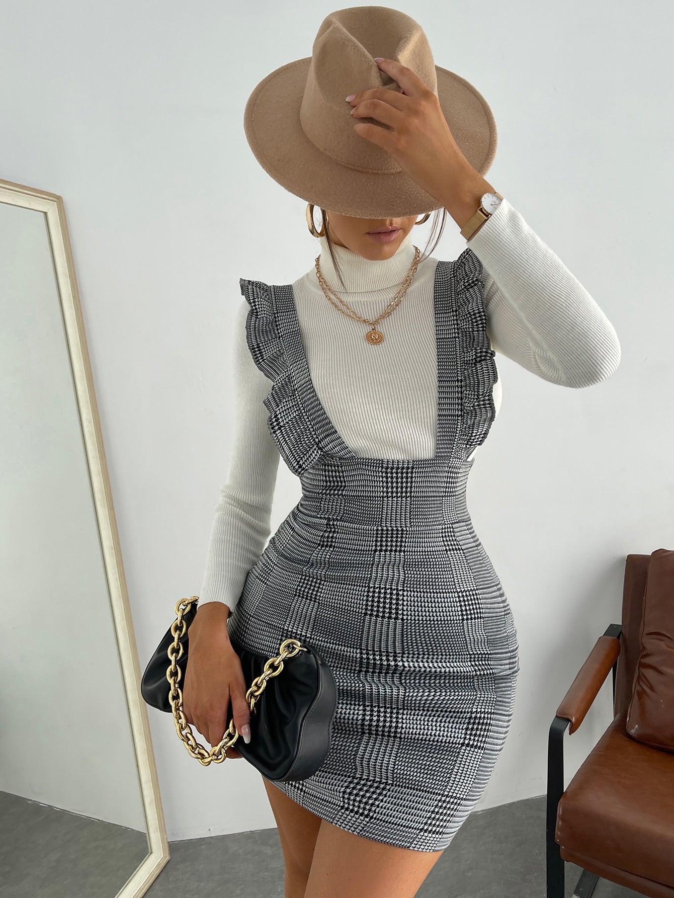 Privé Plaid Ruffle Trim Overall Dress Without Sweater