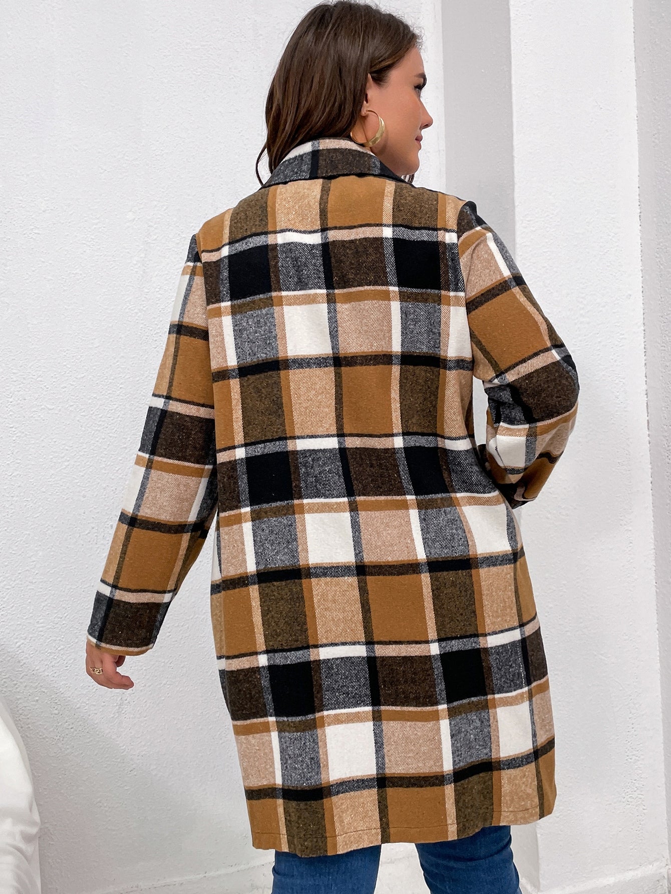 Plus Plaid Lapel Neck Double Breasted Overcoat