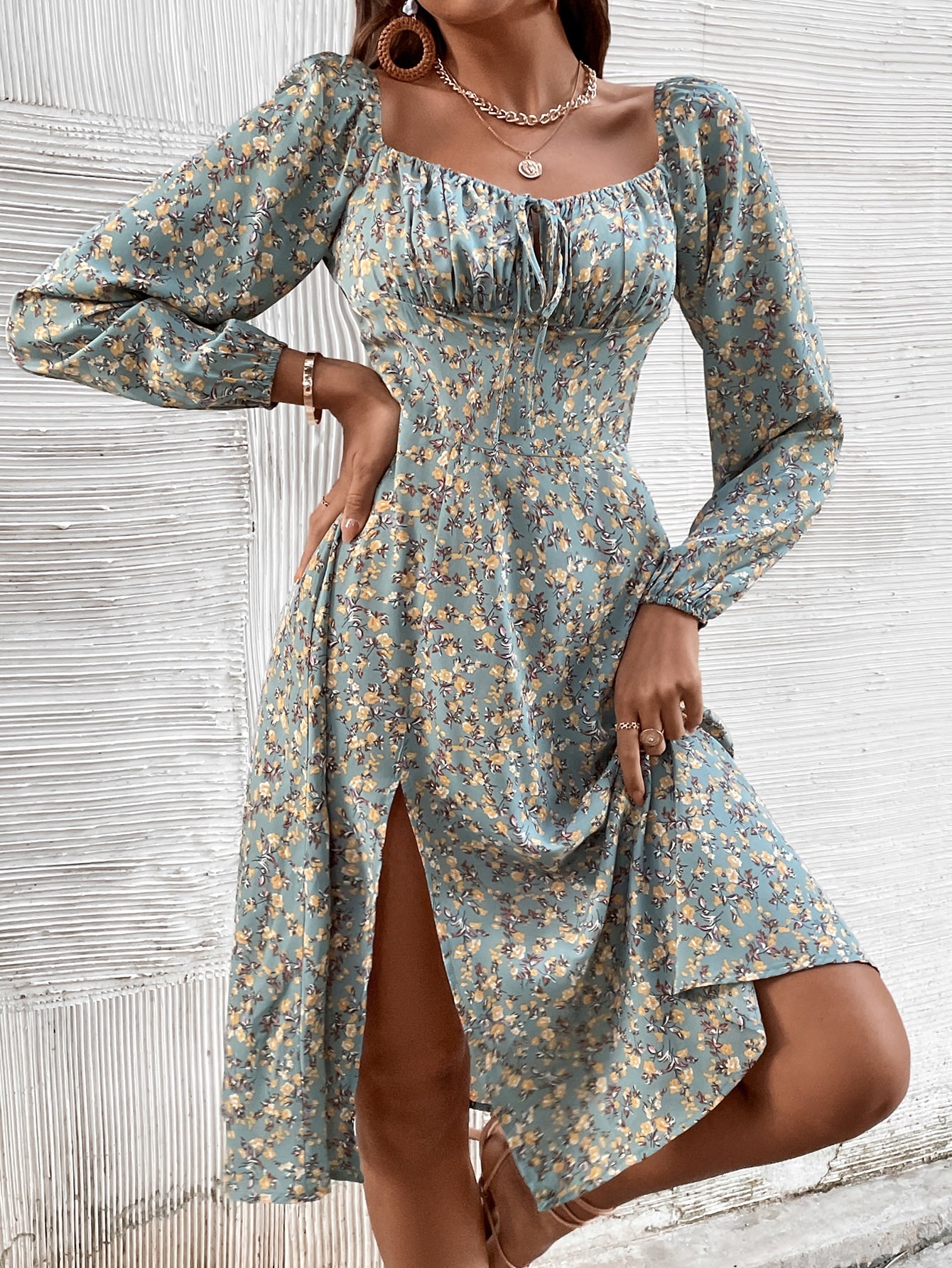 Frenchy Ditsy Floral Knot Front Split Hem Dress