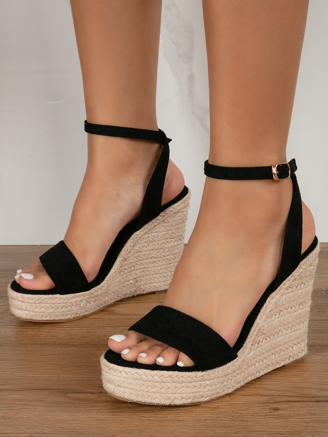 Women Buckle Decor Espadrille Sole Wedge Ankle Strap Sandals, Vacation Summer Black Slingback Sandals