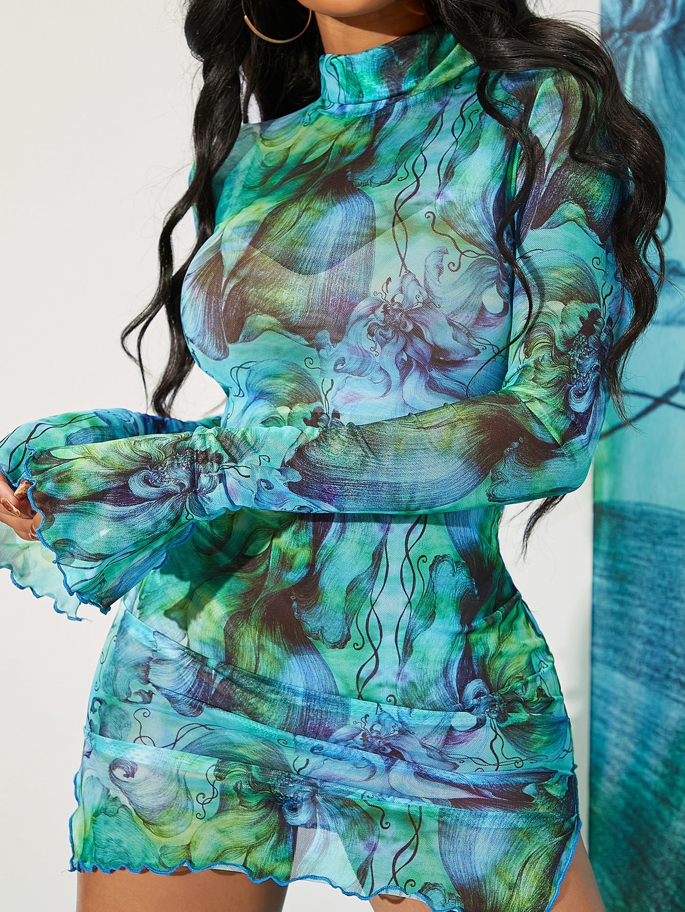 SXY Floral Print Stand Neck Mesh Dress