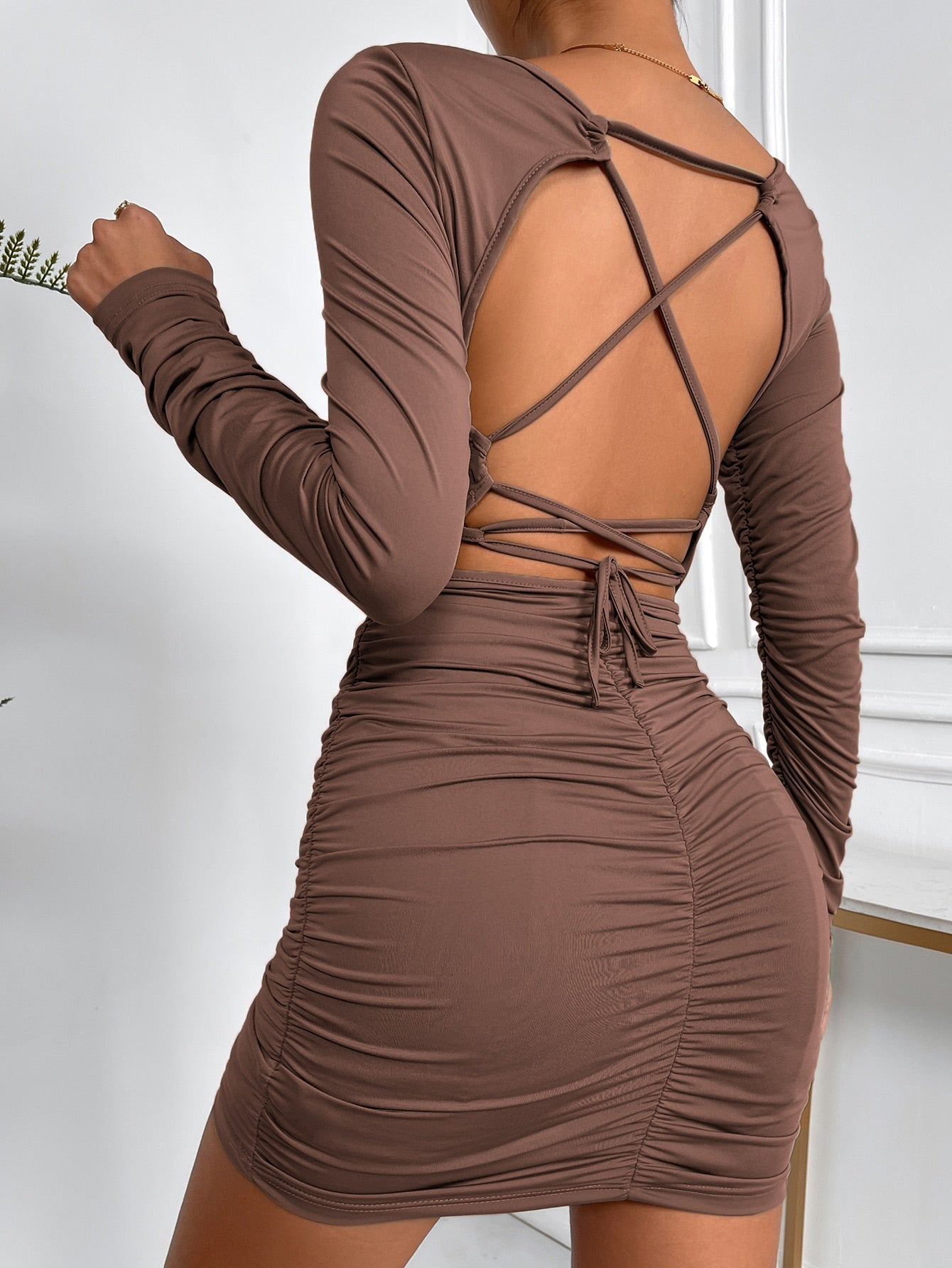 Essnce Criss Cross Tie Backless Ruched Bodycon Dress