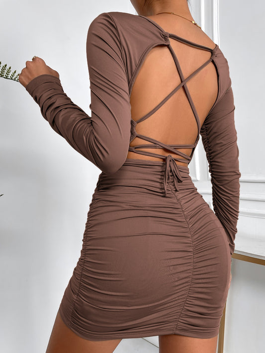 Essnce Criss Cross Tie Backless Ruched Bodycon Dress