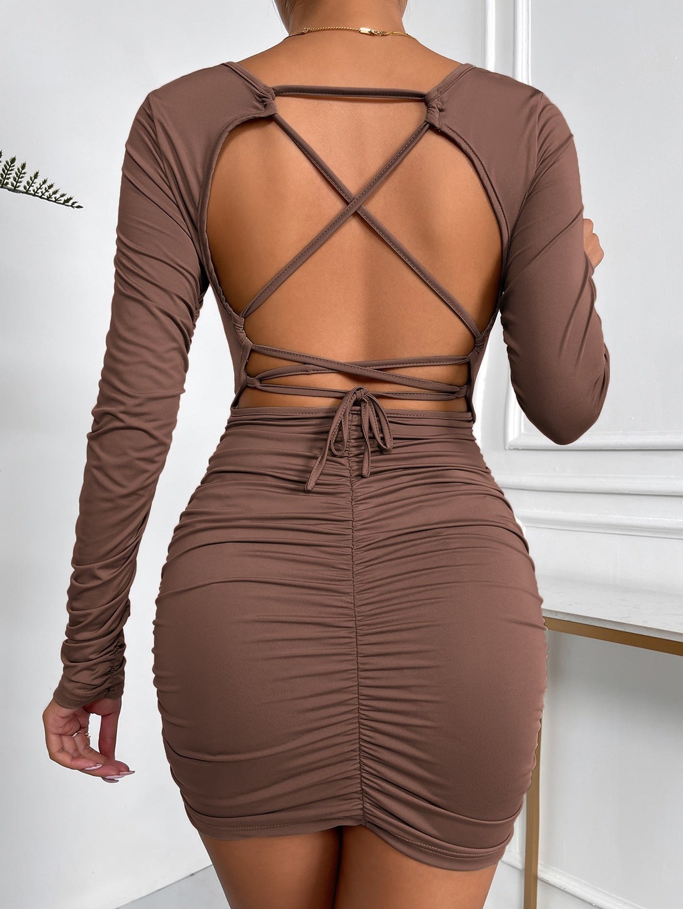 Essnce Criss Cross Tie Backless Ruched Bodycon Dress