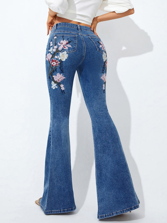 EMERY ROSE Floral Embroidery Flare Leg Jeans