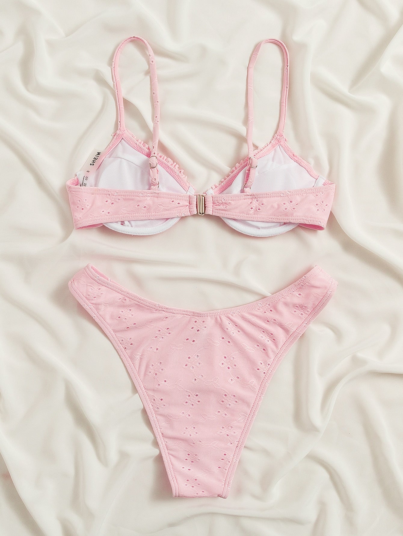 Swim Mod Frill Trim Eyelet Embroidery Push Up Bikini Swimsuit