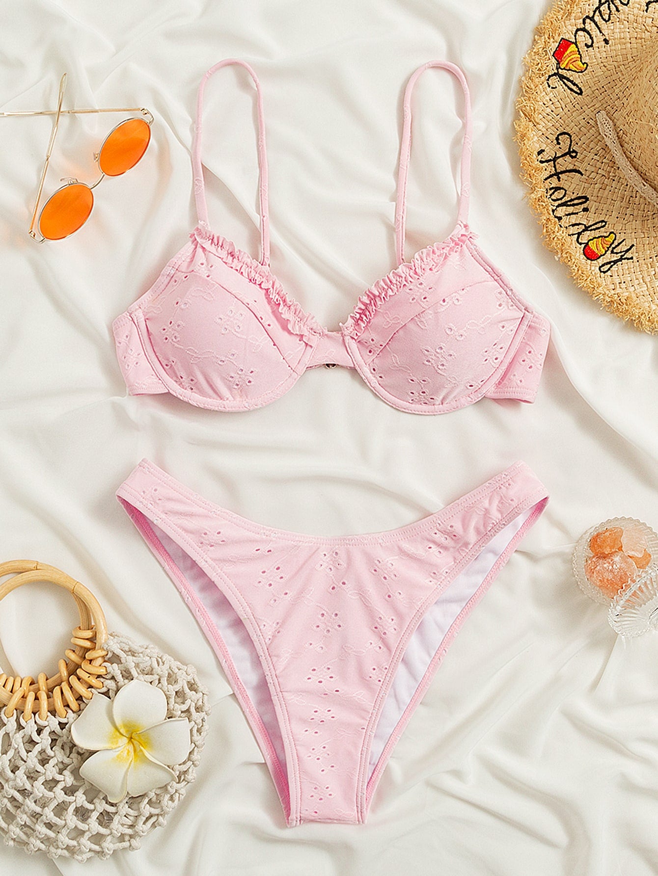 Swim Mod Frill Trim Eyelet Embroidery Push Up Bikini Swimsuit