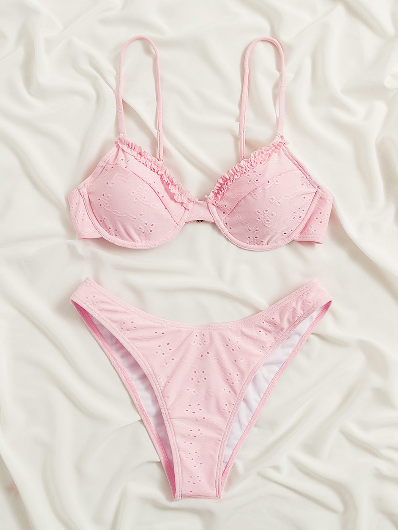 Swim Mod Frill Trim Eyelet Embroidery Push Up Bikini Swimsuit