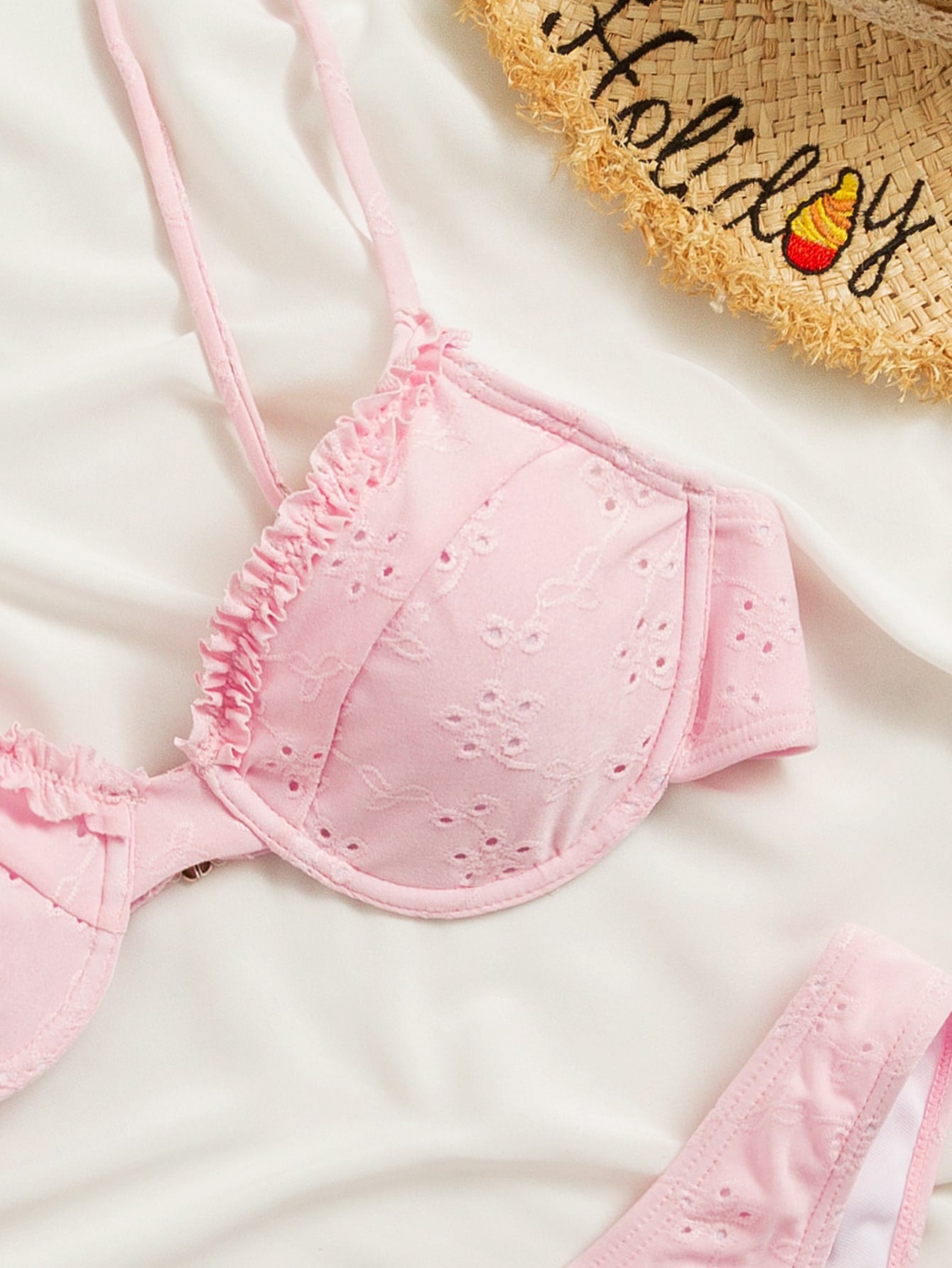 Swim Mod Frill Trim Eyelet Embroidery Push Up Bikini Swimsuit