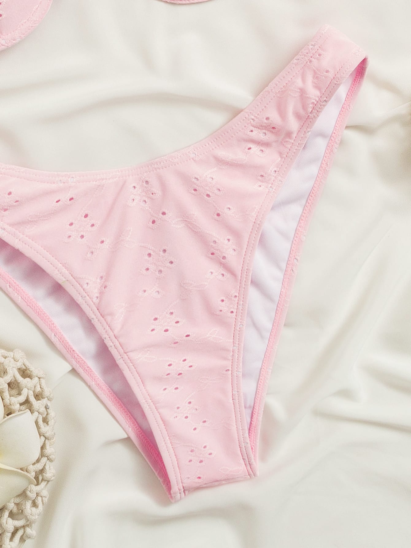 Swim Mod Frill Trim Eyelet Embroidery Push Up Bikini Swimsuit