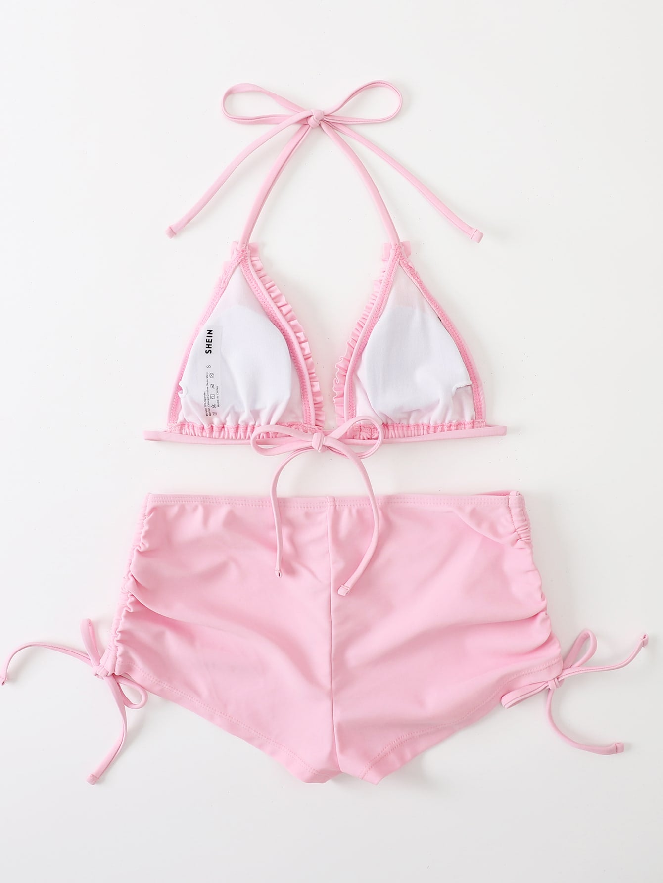 Swim Mod Frill Trim Drawstring Halter Micro Triangle Bikini Swimsuit