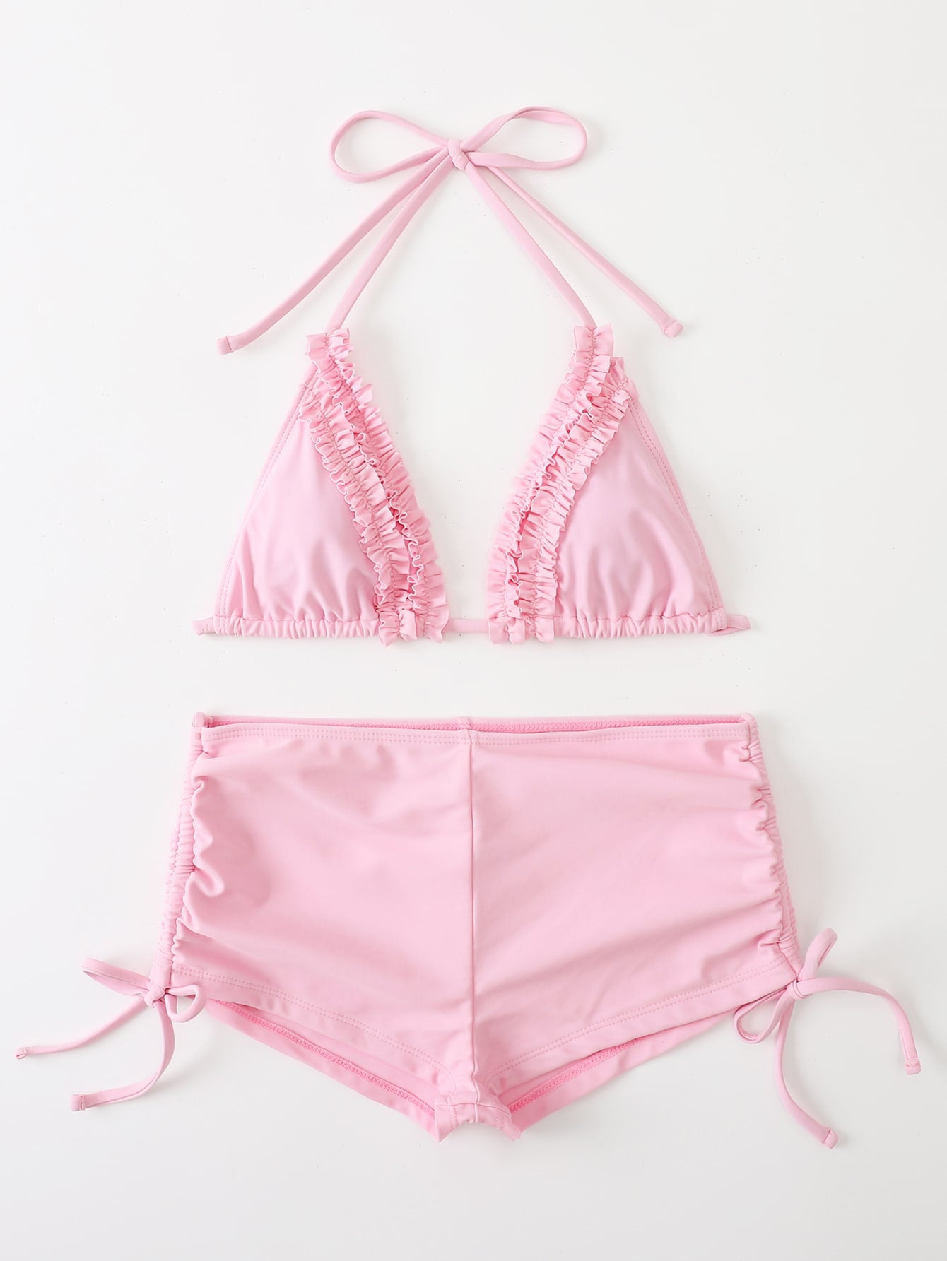 Swim Mod Frill Trim Drawstring Halter Micro Triangle Bikini Swimsuit
