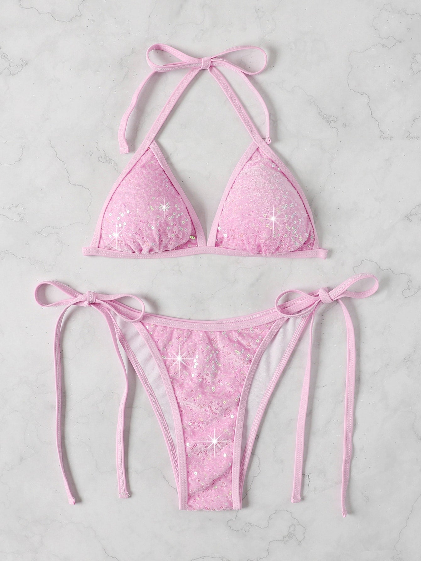 Swim SXY Sparkly Sequin Bikini Set Micro Triangle Bra & Thong Bottom 2 Piece Bathing Suit