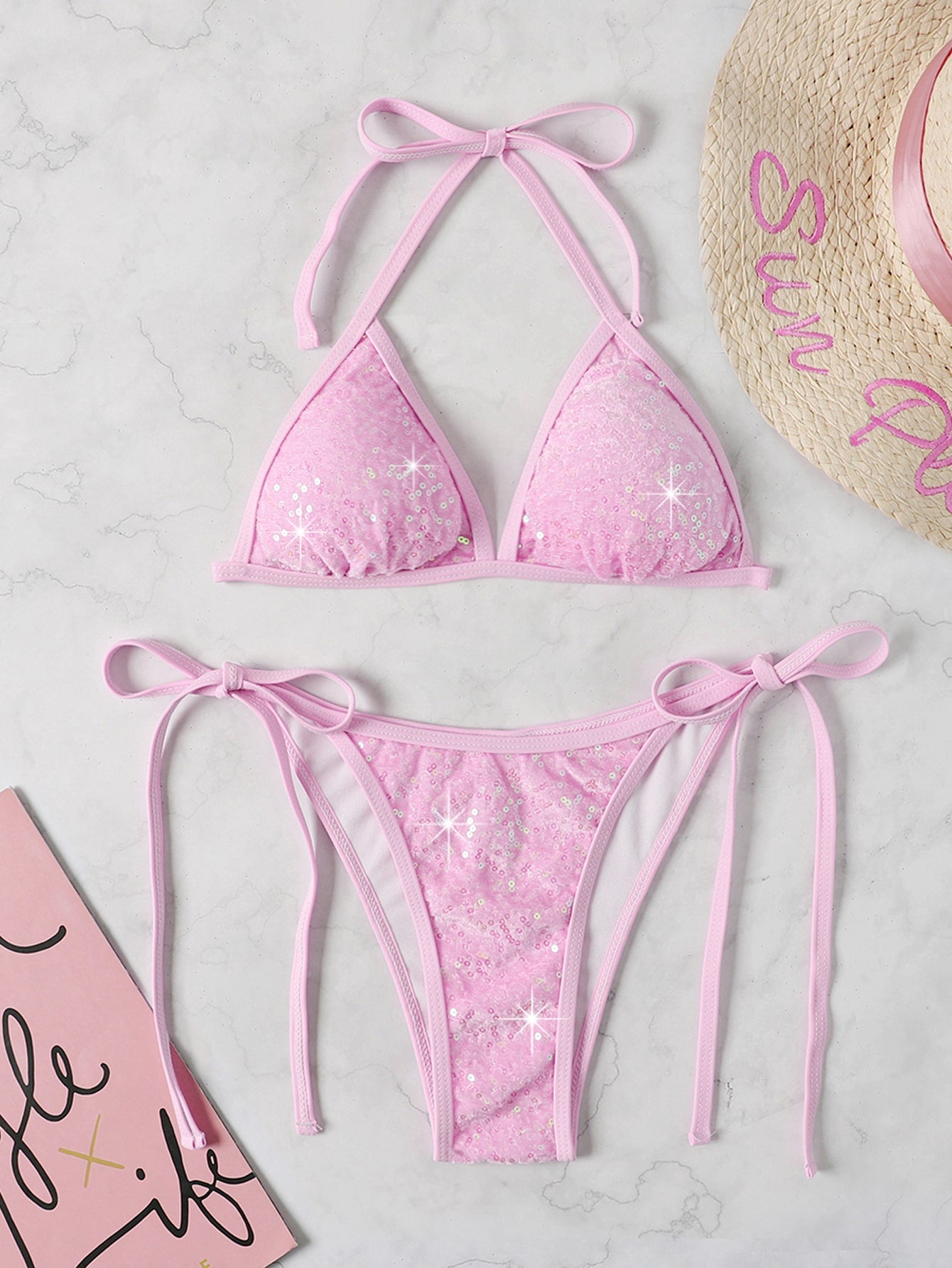 Swim SXY Sparkly Sequin Bikini Set Micro Triangle Bra & Thong Bottom 2 Piece Bathing Suit