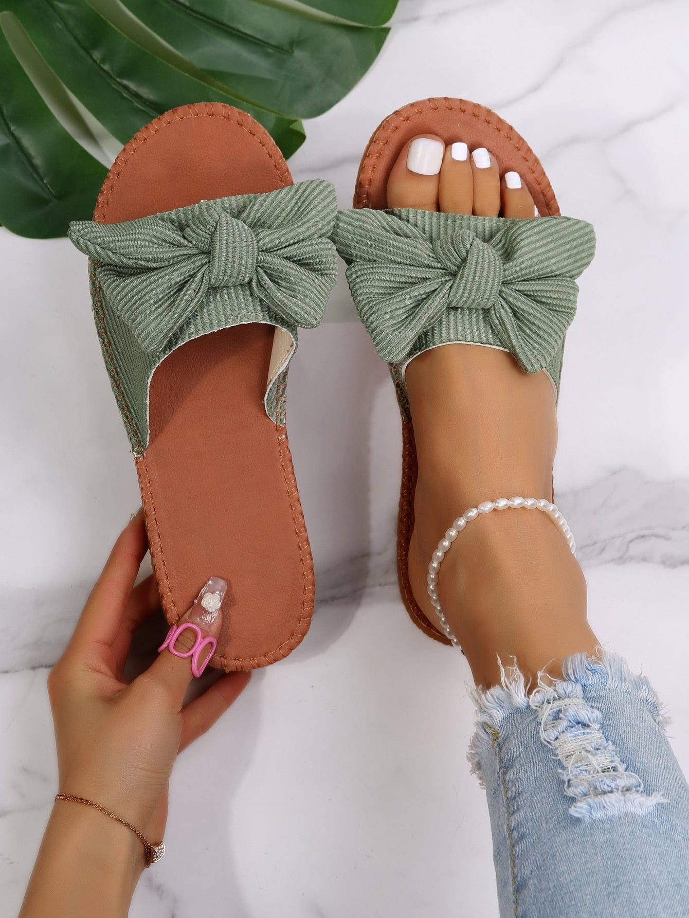 Women Bow Decor Slide Sandals, Fashion Summer Flat Sandals