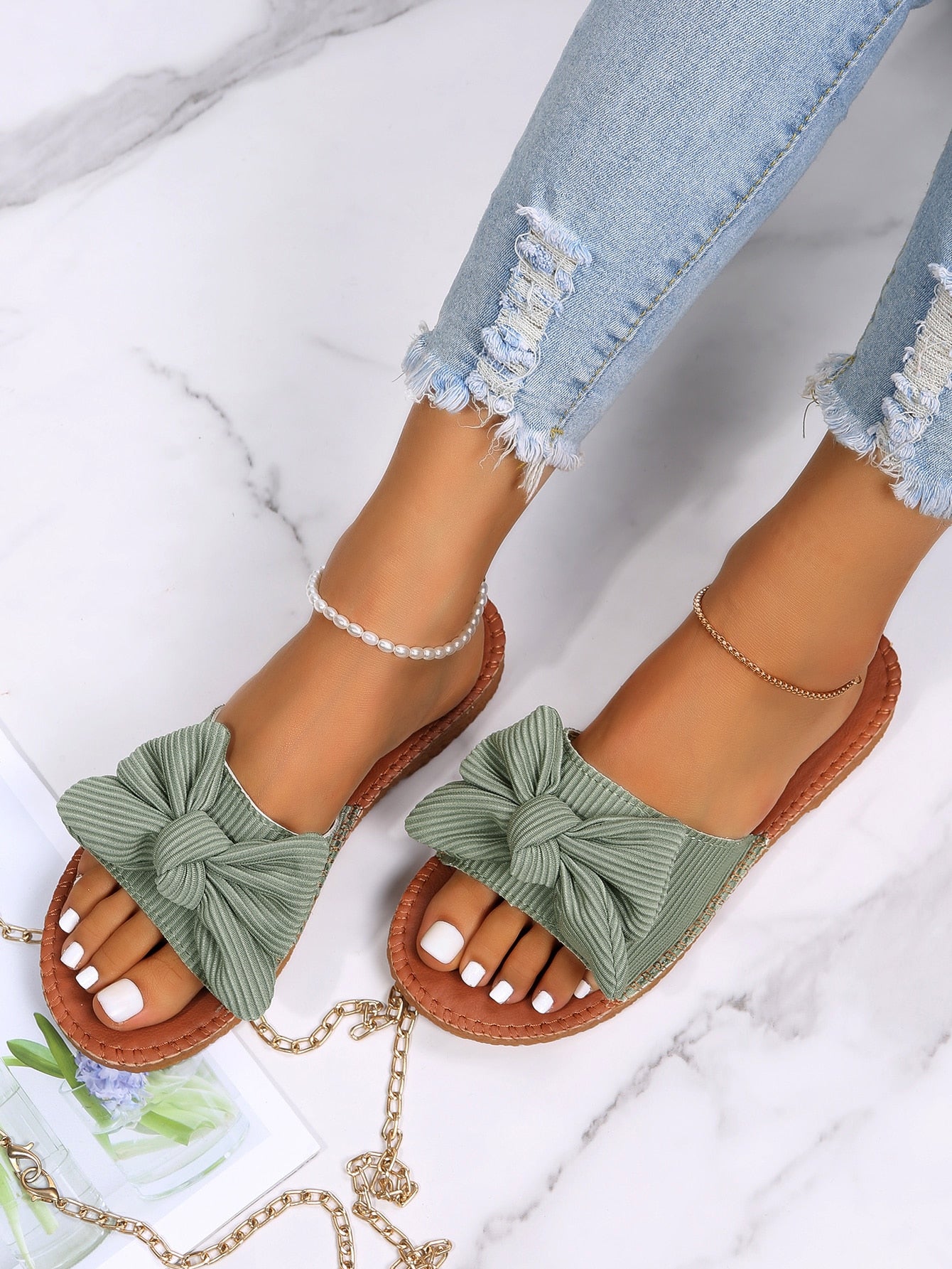 Women Bow Decor Slide Sandals, Fashion Summer Flat Sandals