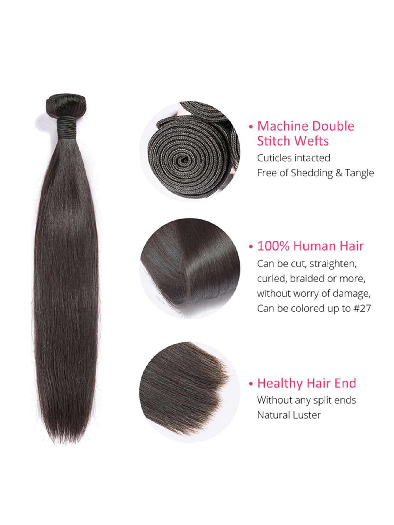 1Pc Straight Human Hair Bundles Weave Natural Black Color 12-38 Inch Extension For Women