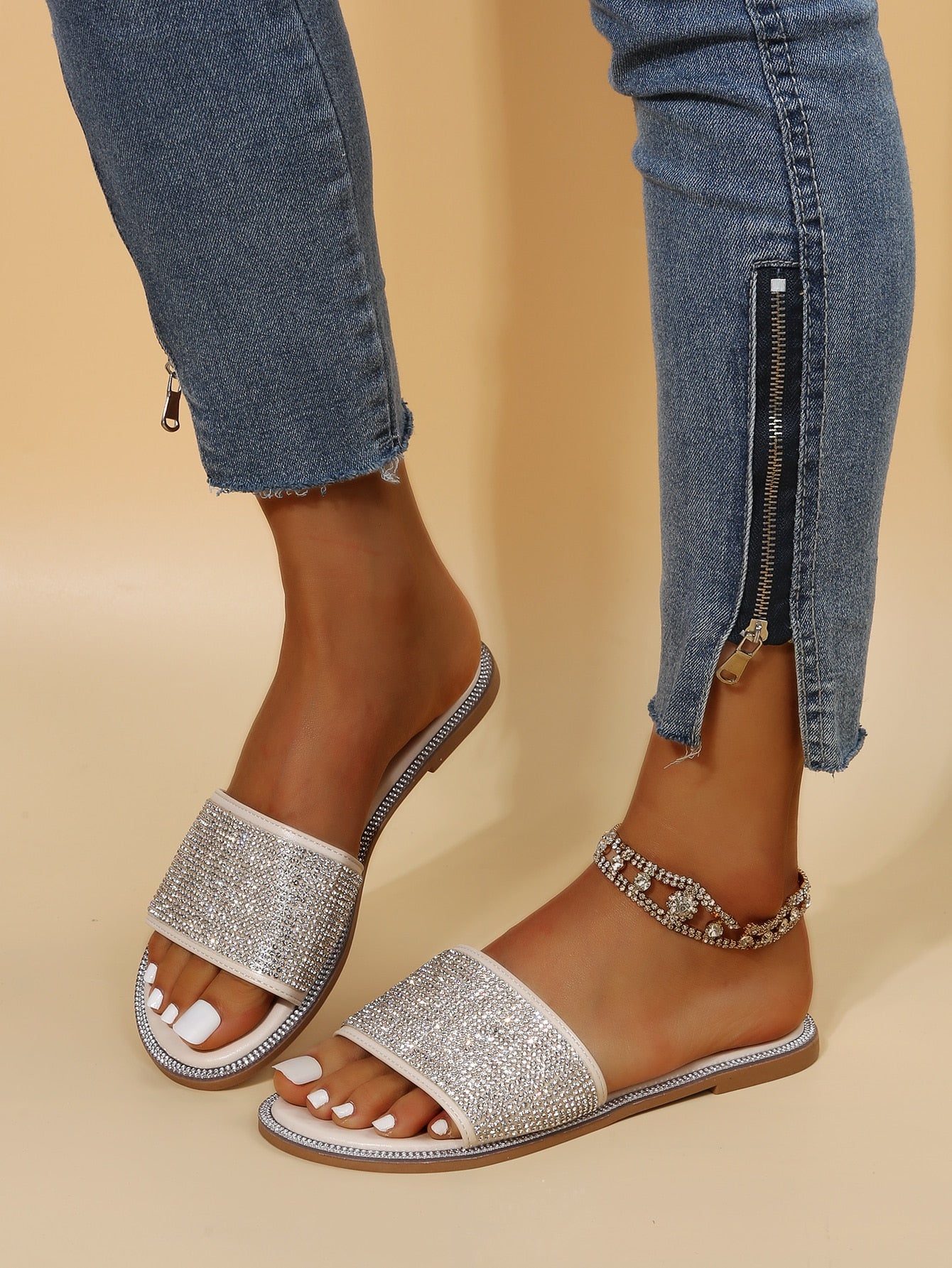 Women Black Allover Rhinestone Slide Sandals