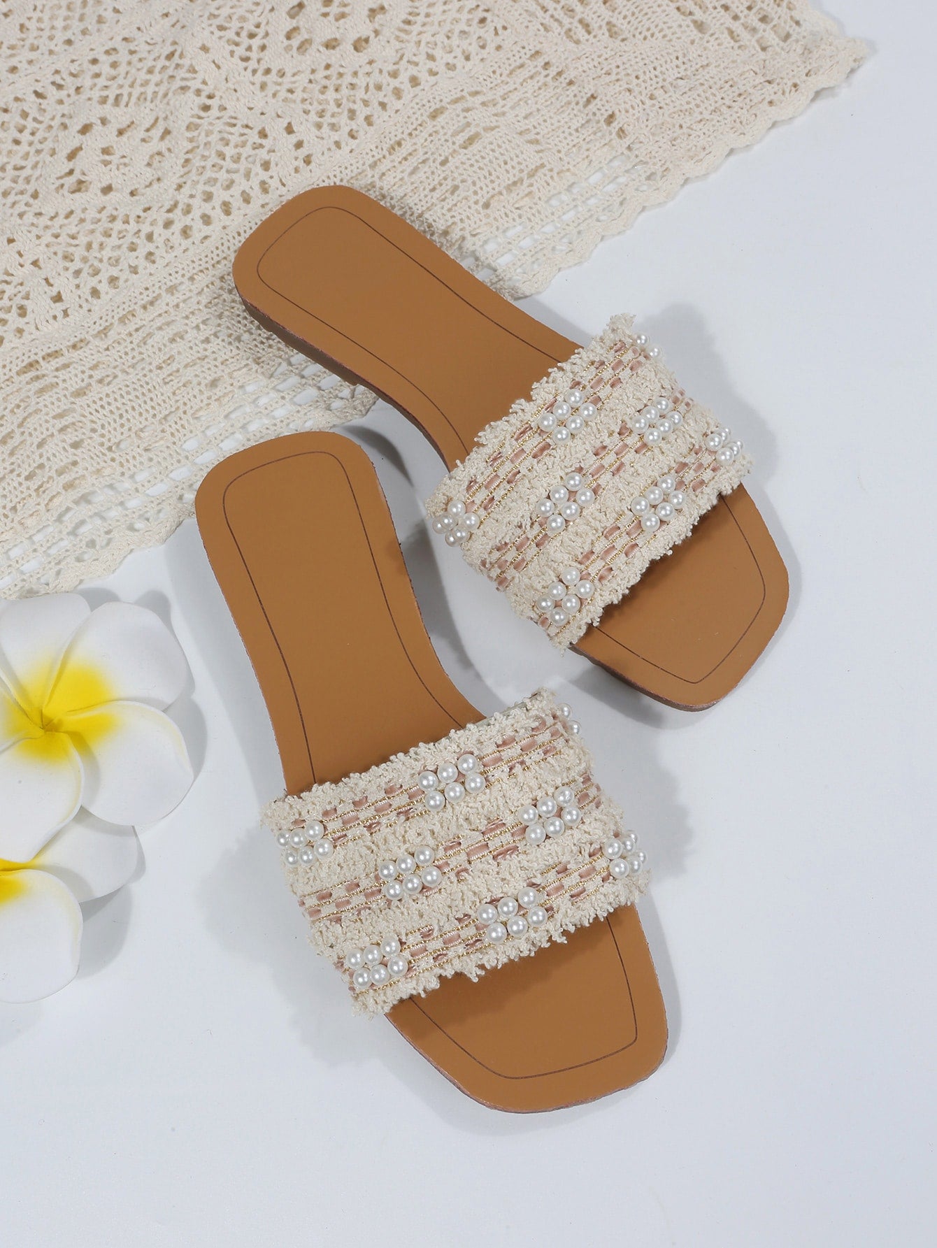 Faux Pearls Detail Flat Slide Sandals