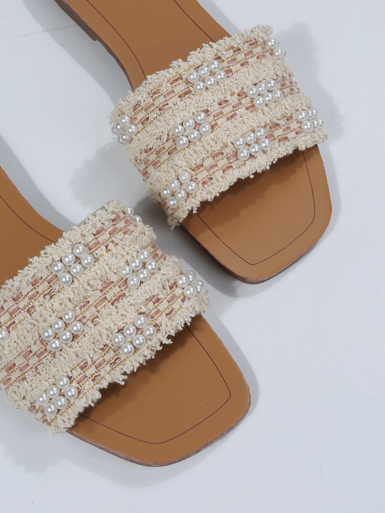Faux Pearls Detail Flat Slide Sandals