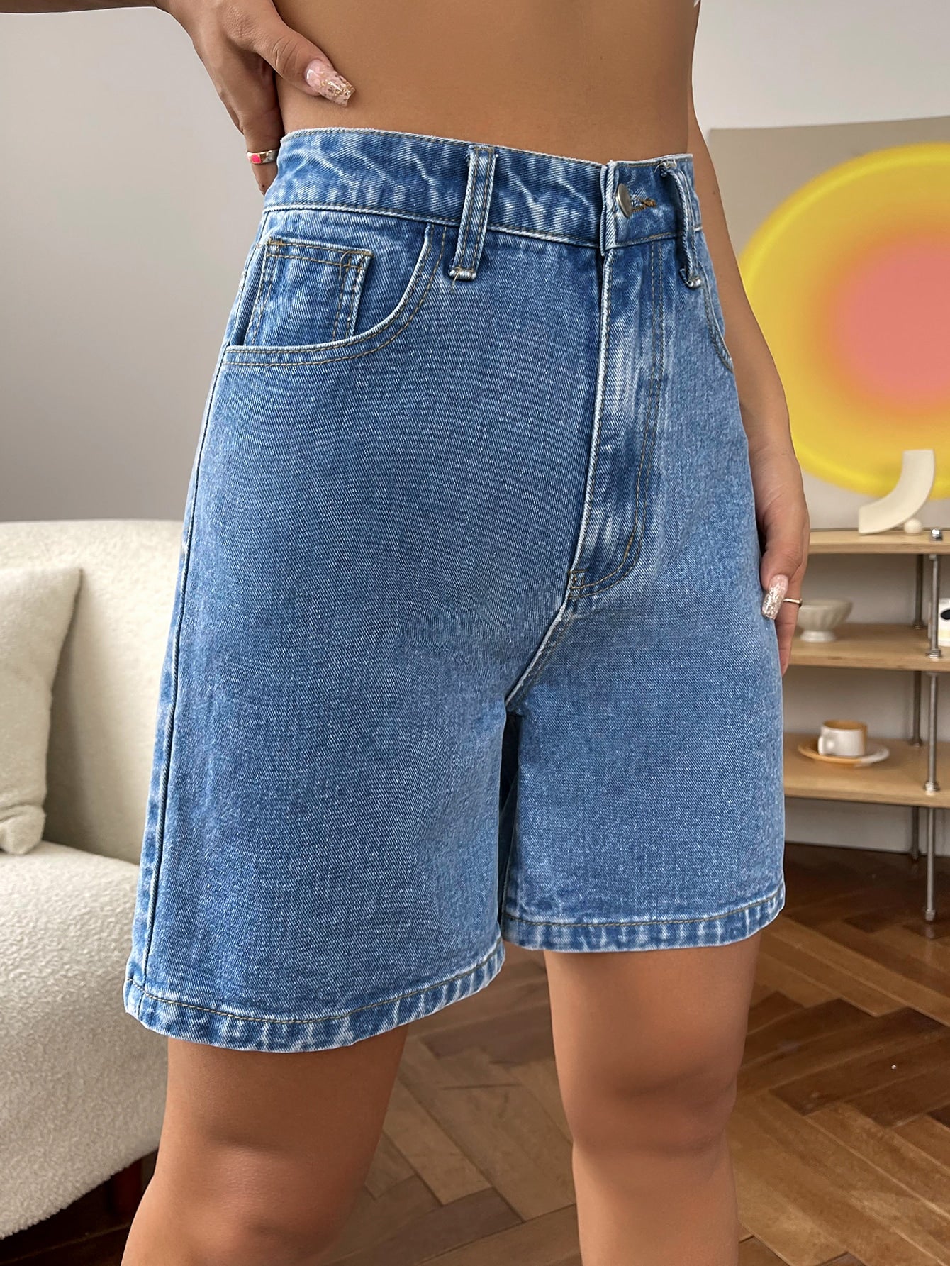 EZwear High Waist Wide Leg Denim Shorts