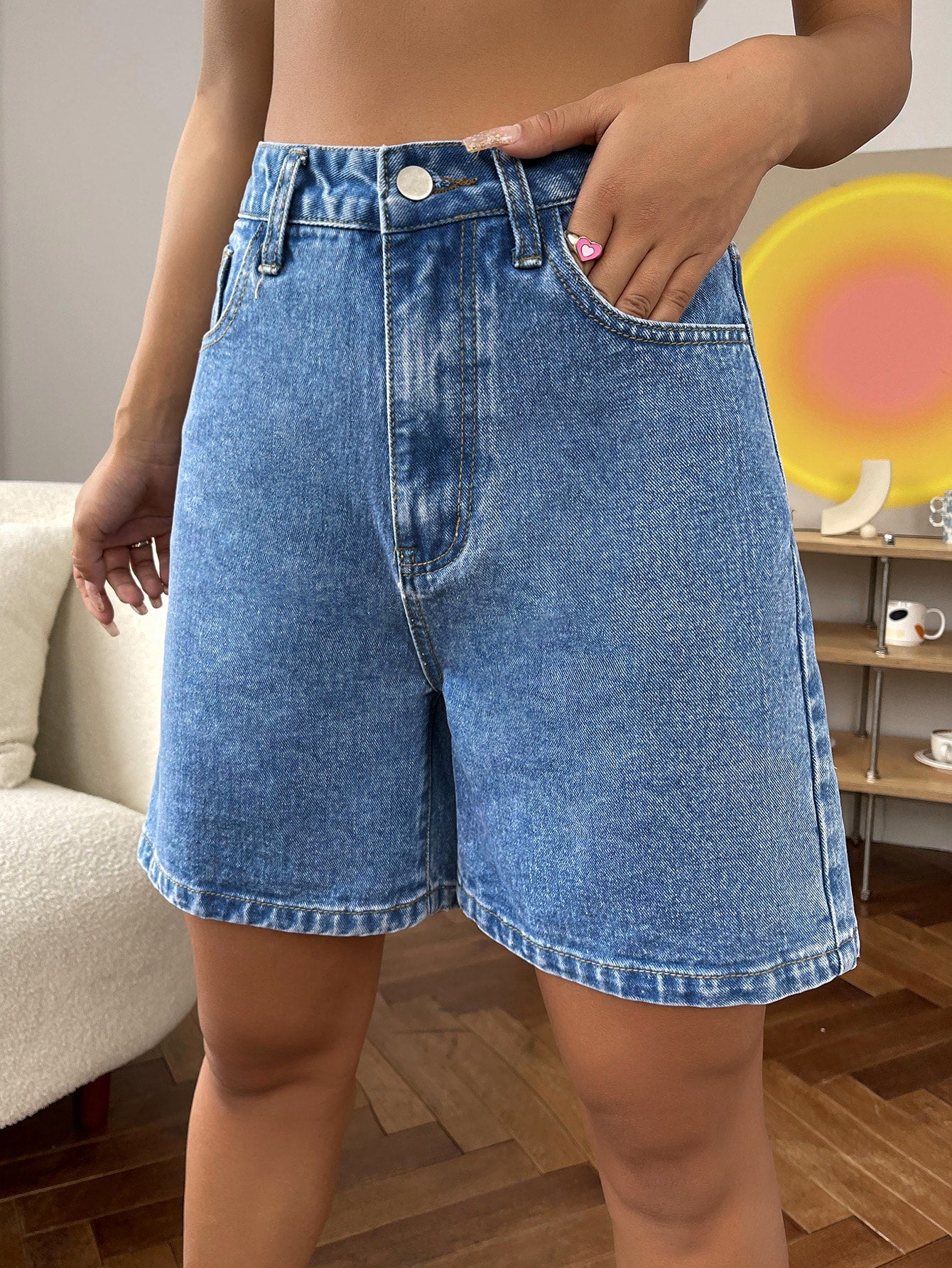 EZwear High Waist Wide Leg Denim Shorts