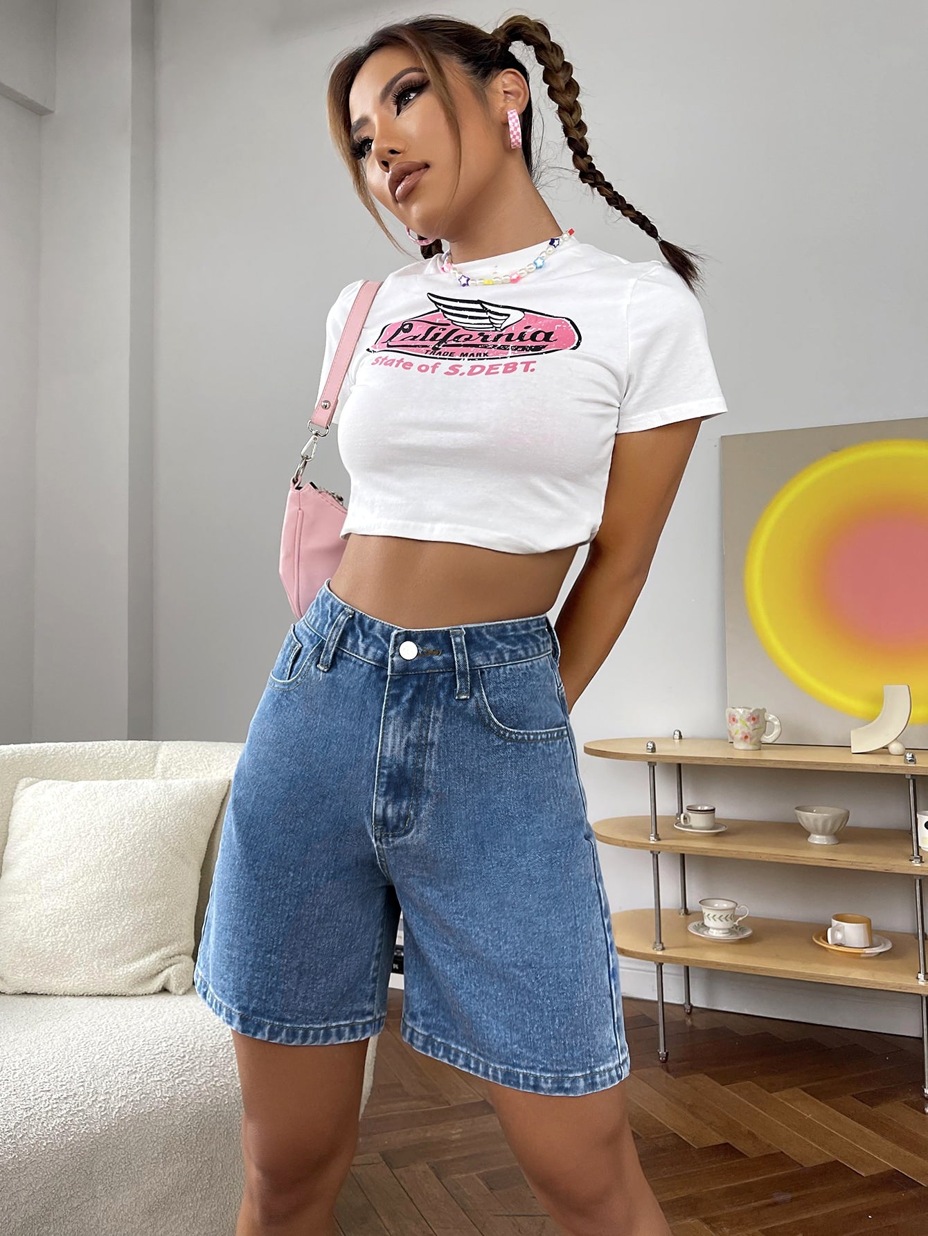 EZwear High Waist Wide Leg Denim Shorts