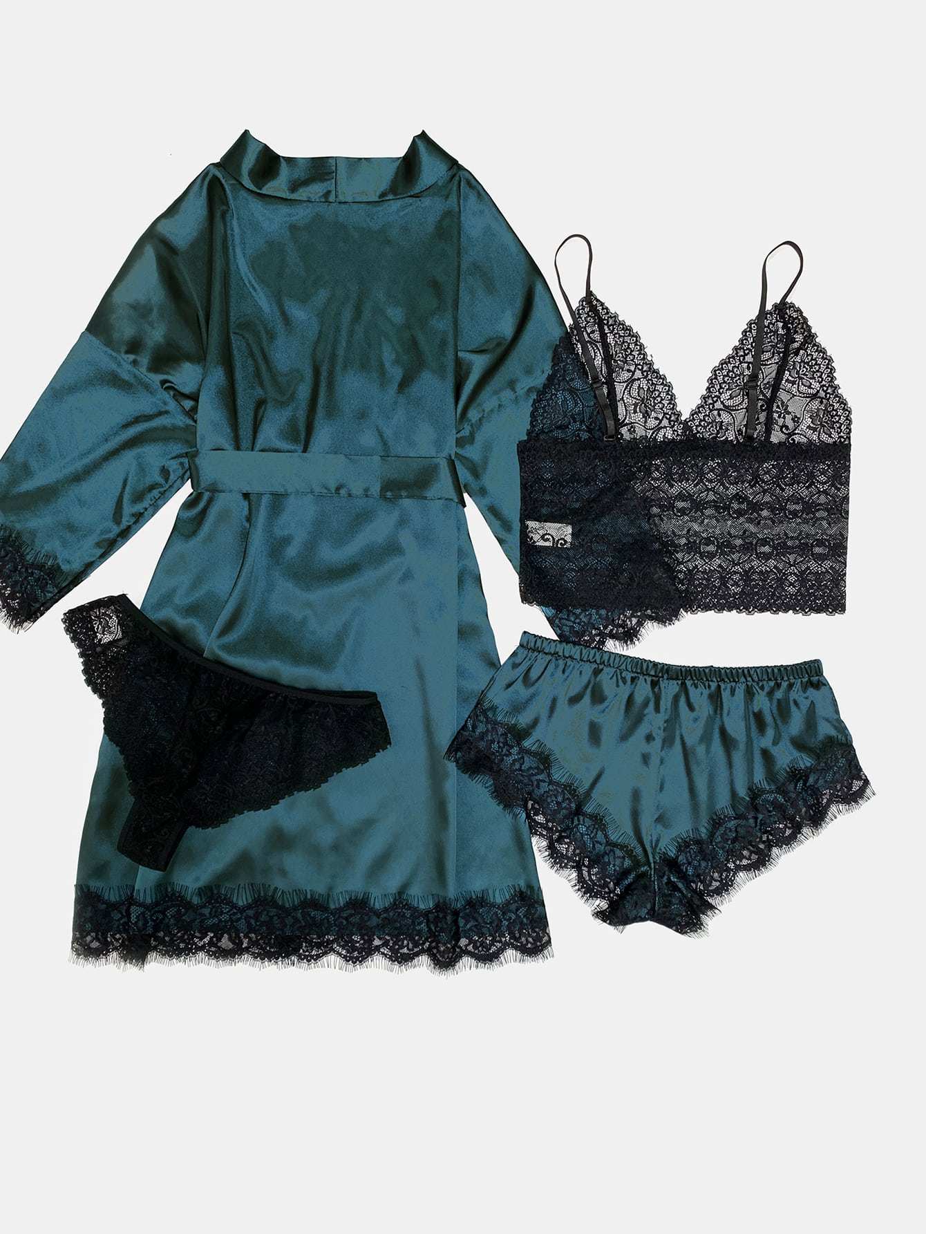 4pack Floral Lace Lingerie Set With Satin Belted Robe
