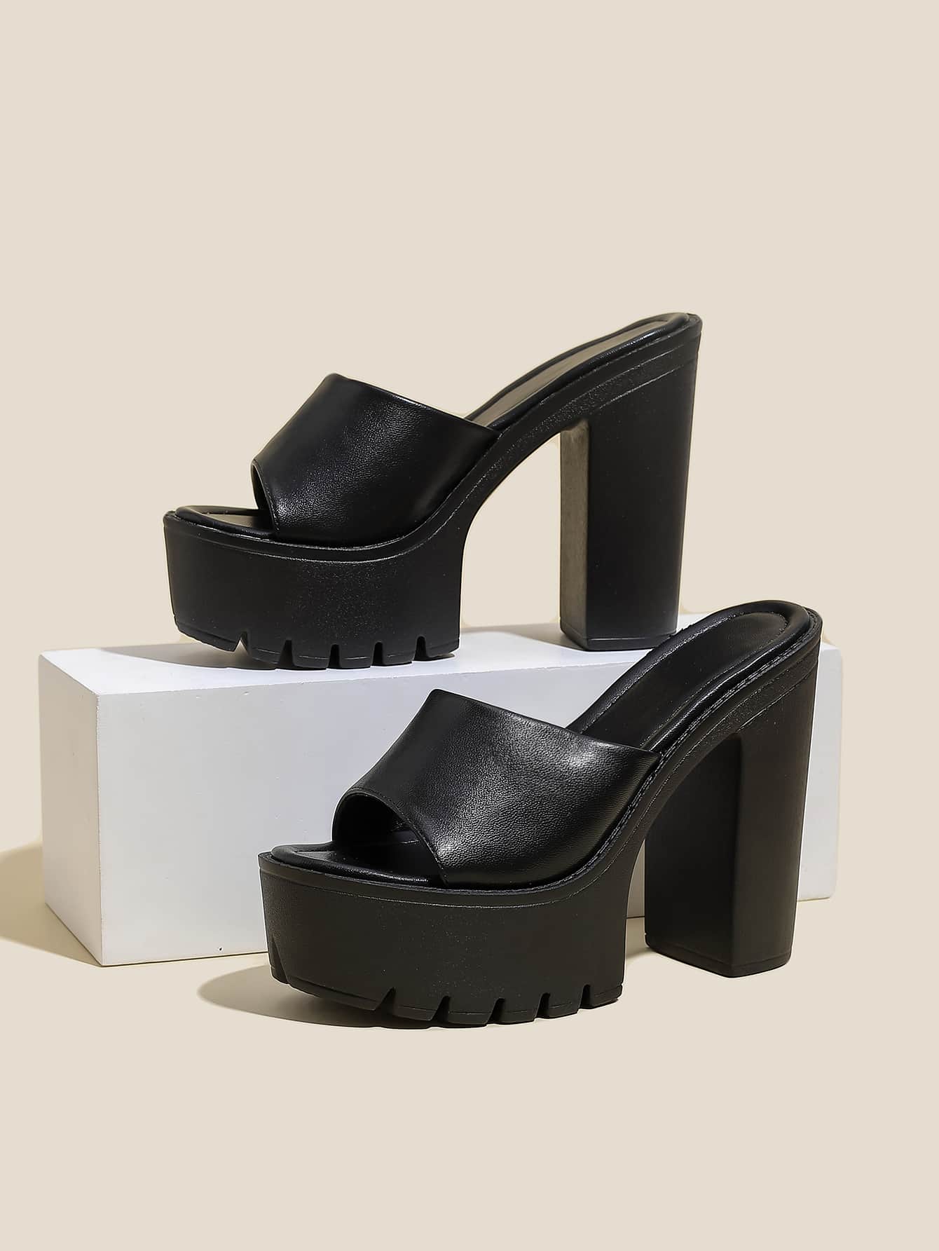 Elegant Khaki Sandals For Women, Minimalist Platform Chunky Heeled Mule Sandals