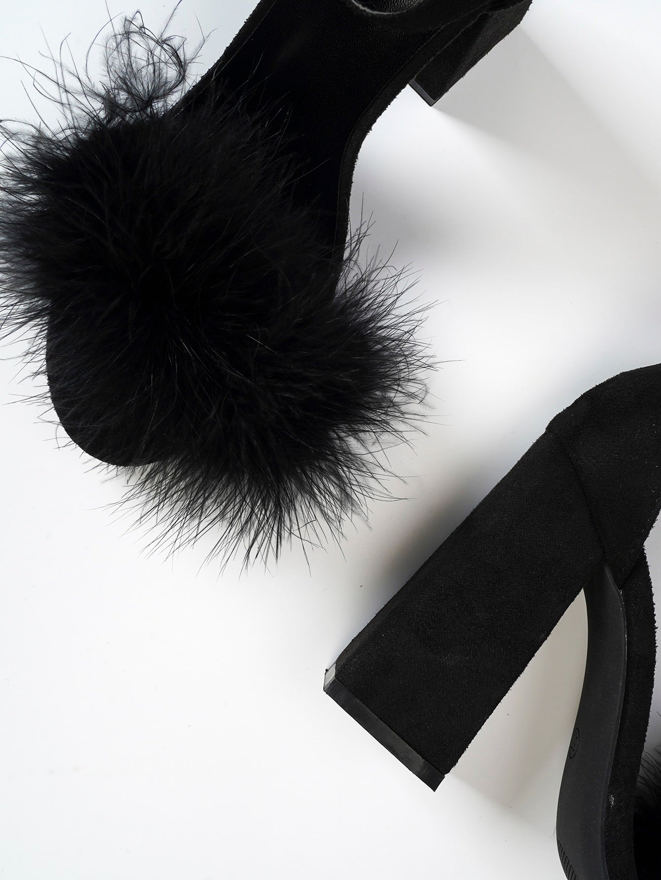 Women Black Fluffy Chunky Heeled Ankle Strap Sandals