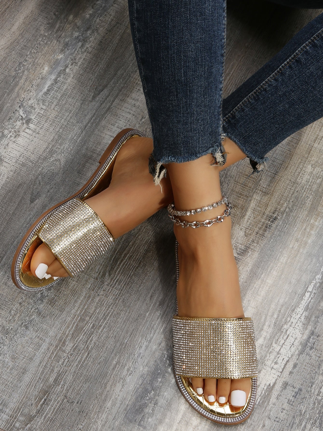 Women Black Allover Rhinestone Slide Sandals