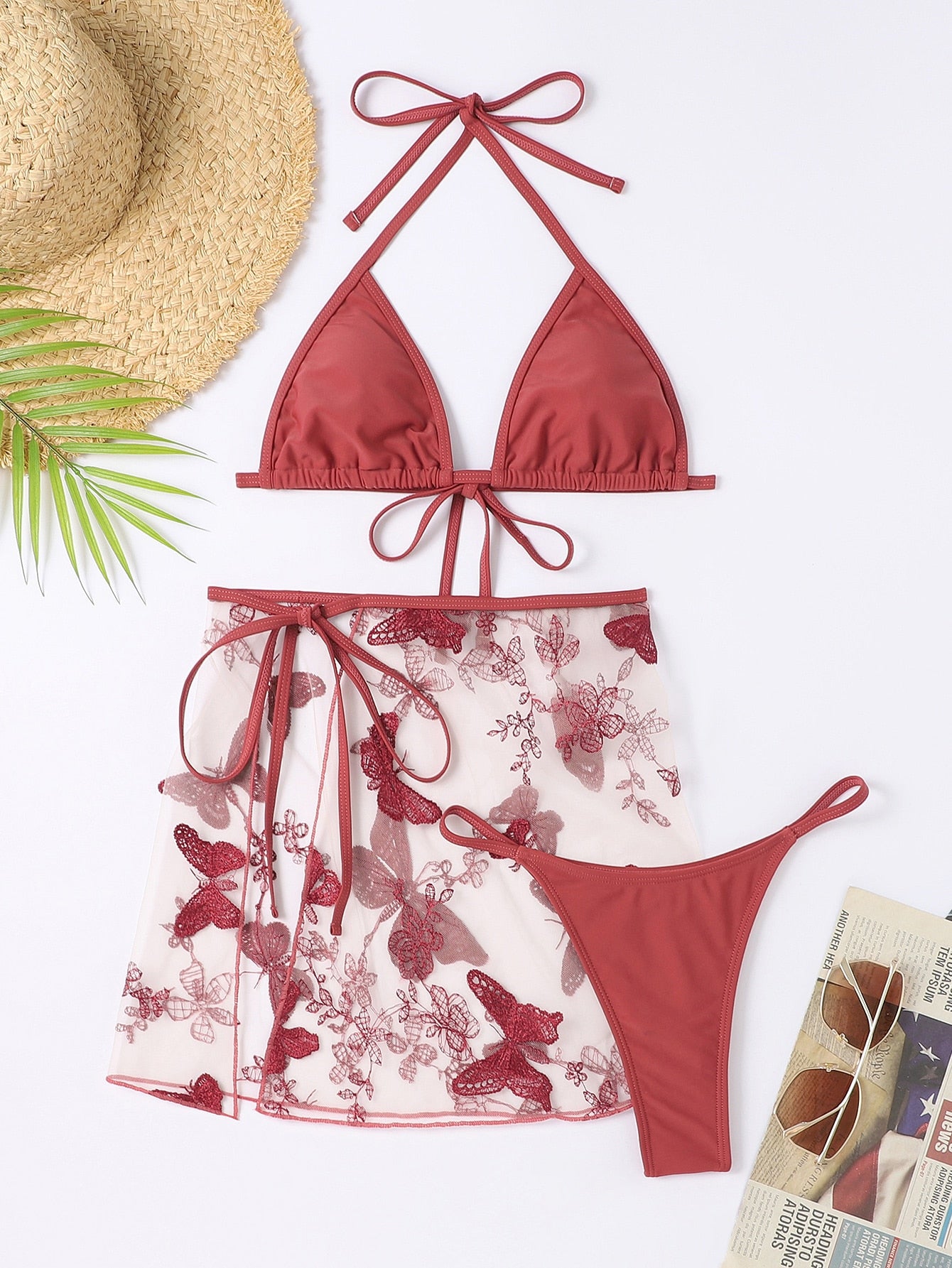 Butterfly and Floral Embroidery Mesh Bikini Set Halter Triangle Bra Top & G-string Bikini Bottom & Skirt 2 Piece Swimsuit