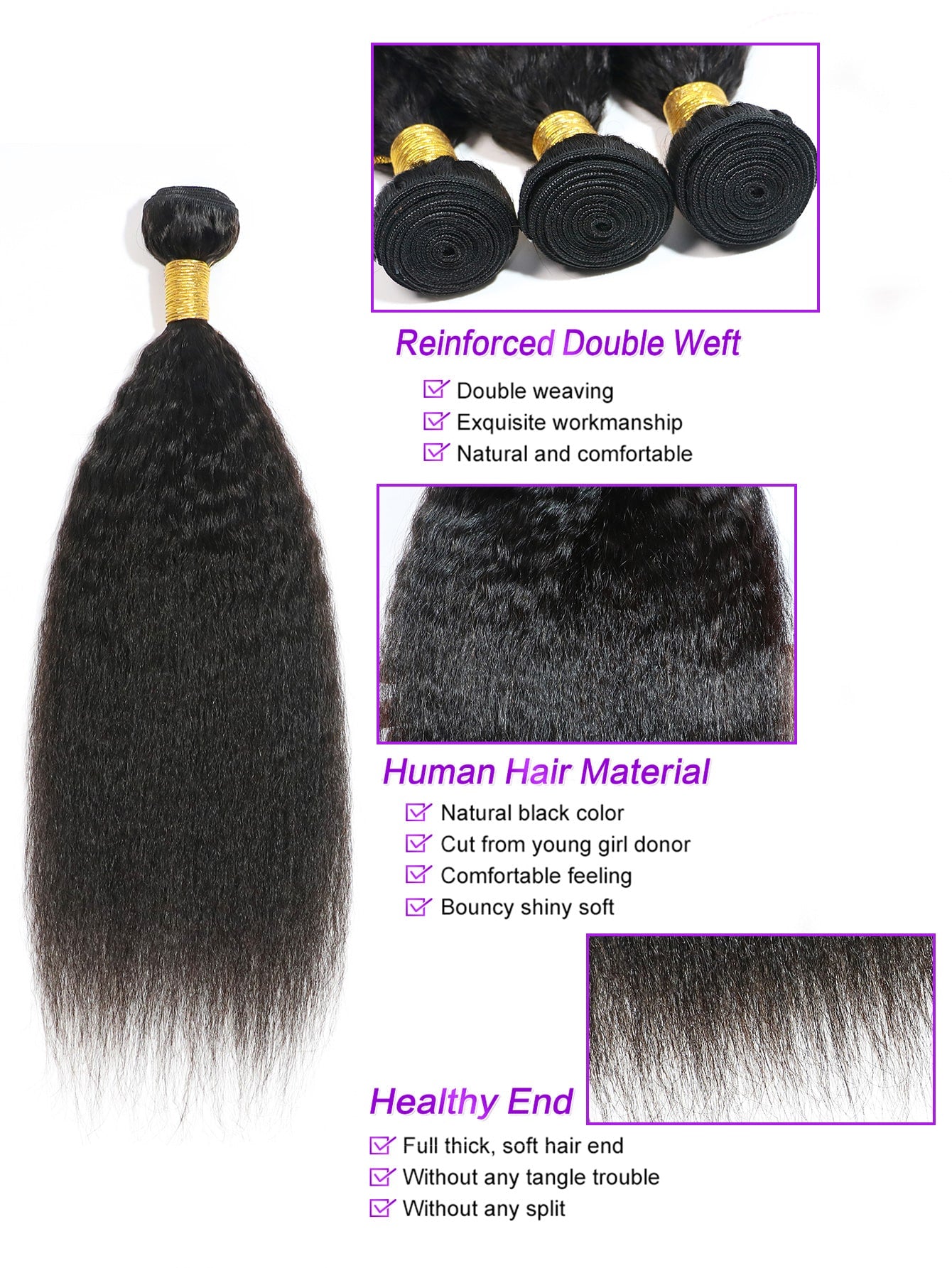 3pcs Yaki Straight Bundles Human Hair 100% Unprocessed Virgin Human Hair Kinky Straight Wave 3 Bundles Hair Extensions for Women Natural Black Color