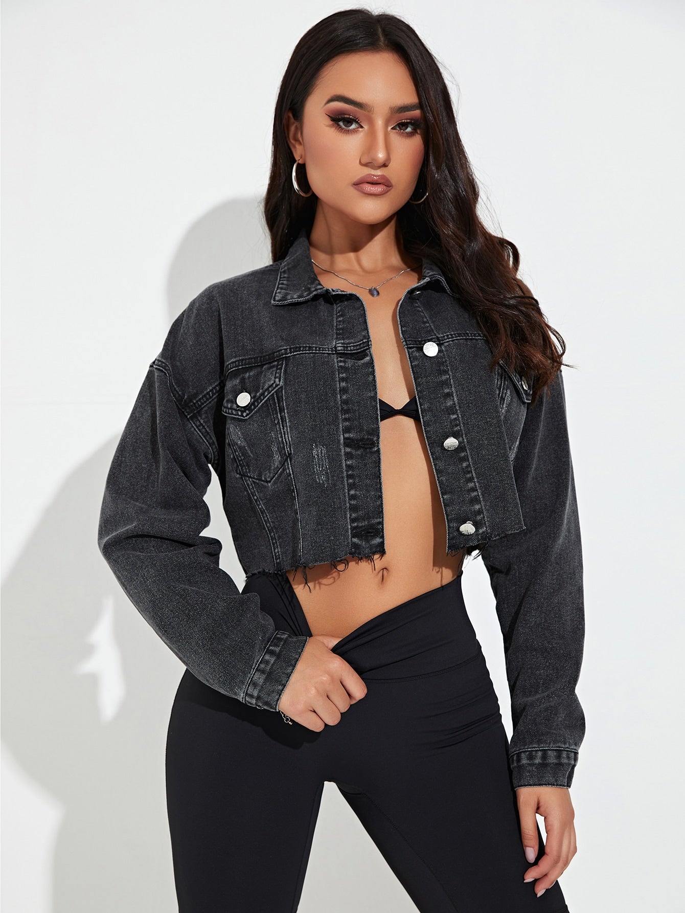 VCAY Cat Scratch Frayed Hem Drop Shoulder Crop Denim Jacket