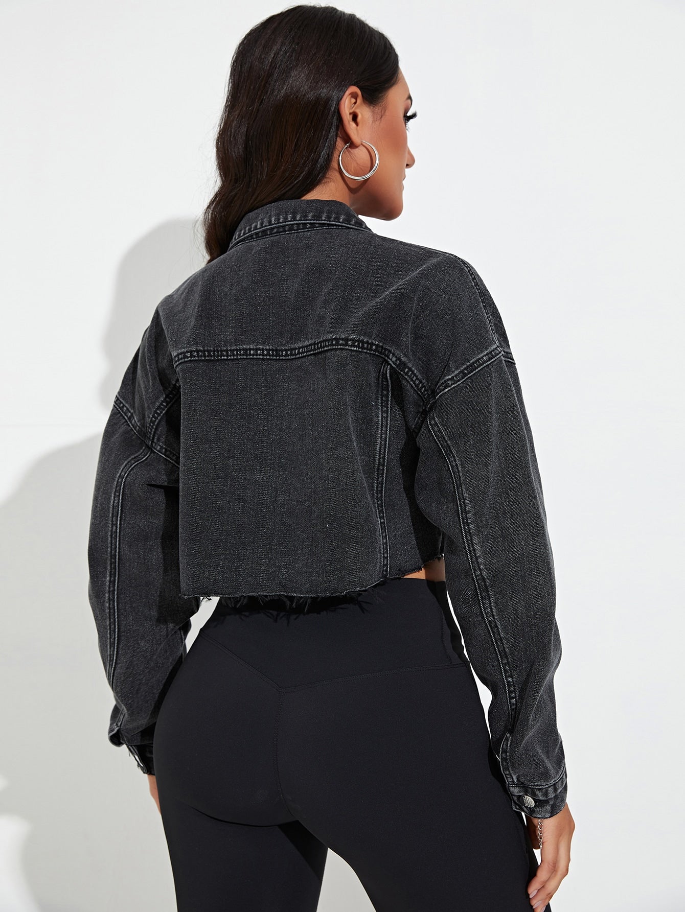 VCAY Cat Scratch Frayed Hem Drop Shoulder Crop Denim Jacket