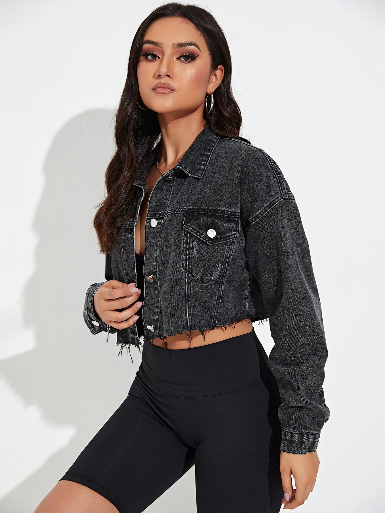 VCAY Cat Scratch Frayed Hem Drop Shoulder Crop Denim Jacket
