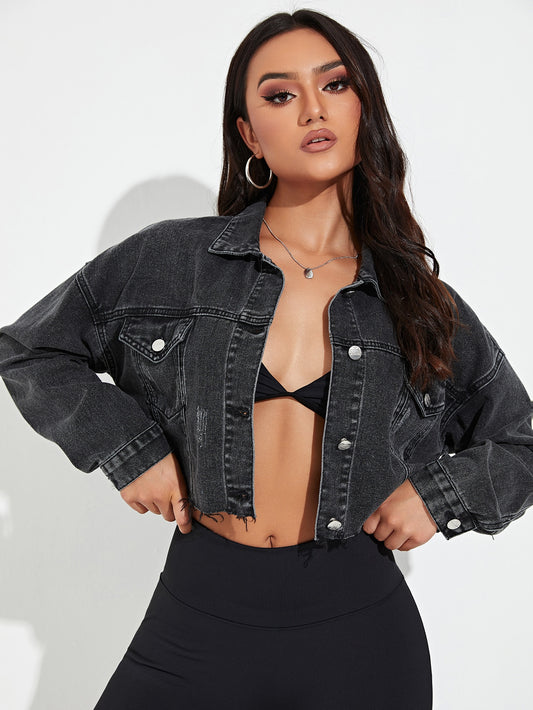 VCAY Cat Scratch Frayed Hem Drop Shoulder Crop Denim Jacket